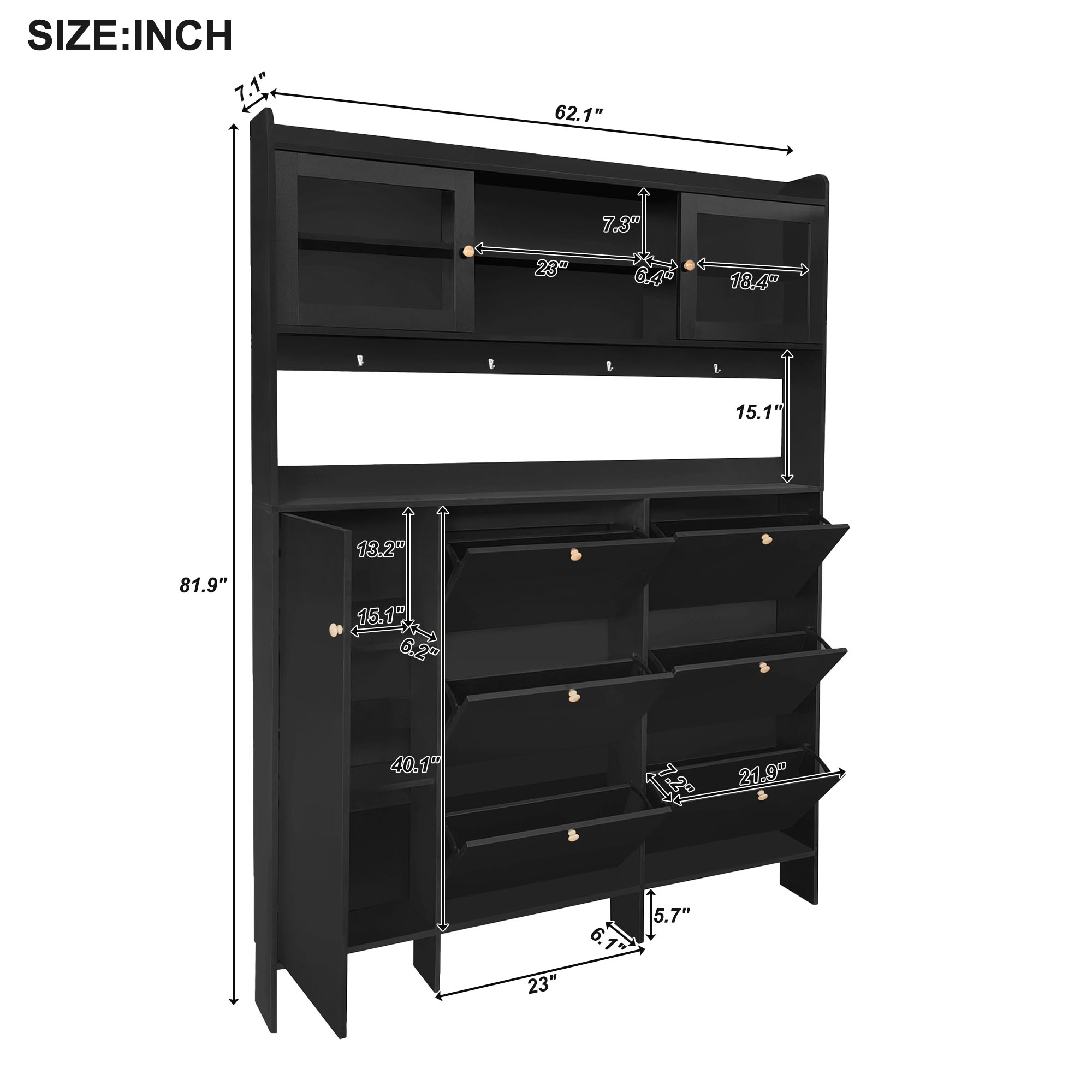 [VIDEO provided] ON-TREND Multifunctional Shoe Cabinet with Storage Shelf & 6 Flip Drawers, Modern Large Hall Tree with Tempered Glass Doors, Elegant Foyer Cabinet with 4 Hooks for Hallway, Black