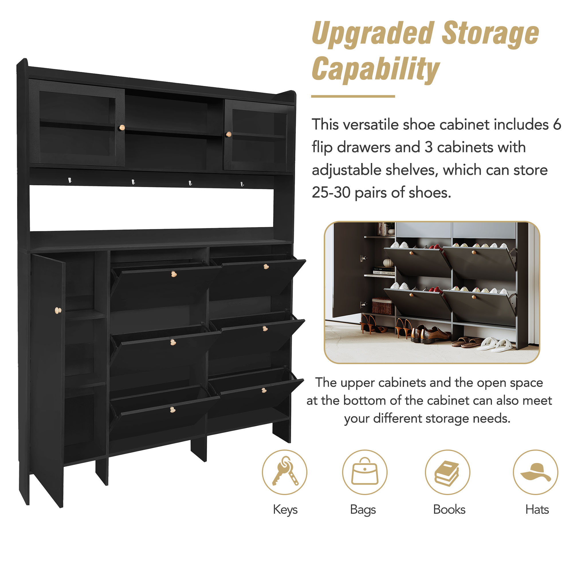 [VIDEO provided] ON-TREND Multifunctional Shoe Cabinet with Storage Shelf & 6 Flip Drawers, Modern Large Hall Tree with Tempered Glass Doors, Elegant Foyer Cabinet with 4 Hooks for Hallway, Black