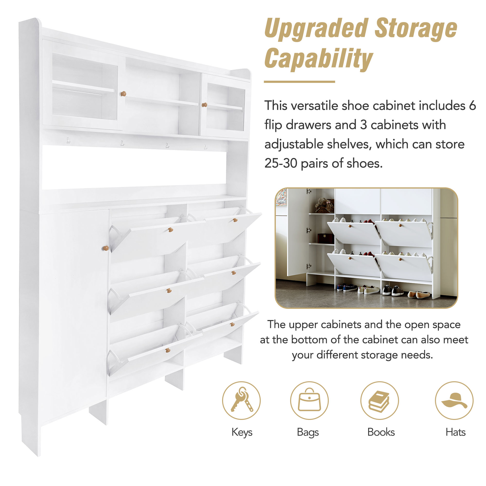 [VIDEO provided] ON-TREND Multifunctional Shoe Cabinet with Storage Shelf & 6 Flip Drawers, Modern Large Hall Tree with Tempered Glass Doors, Elegant Foyer Cabinet with 4 Hooks for Hallway, White