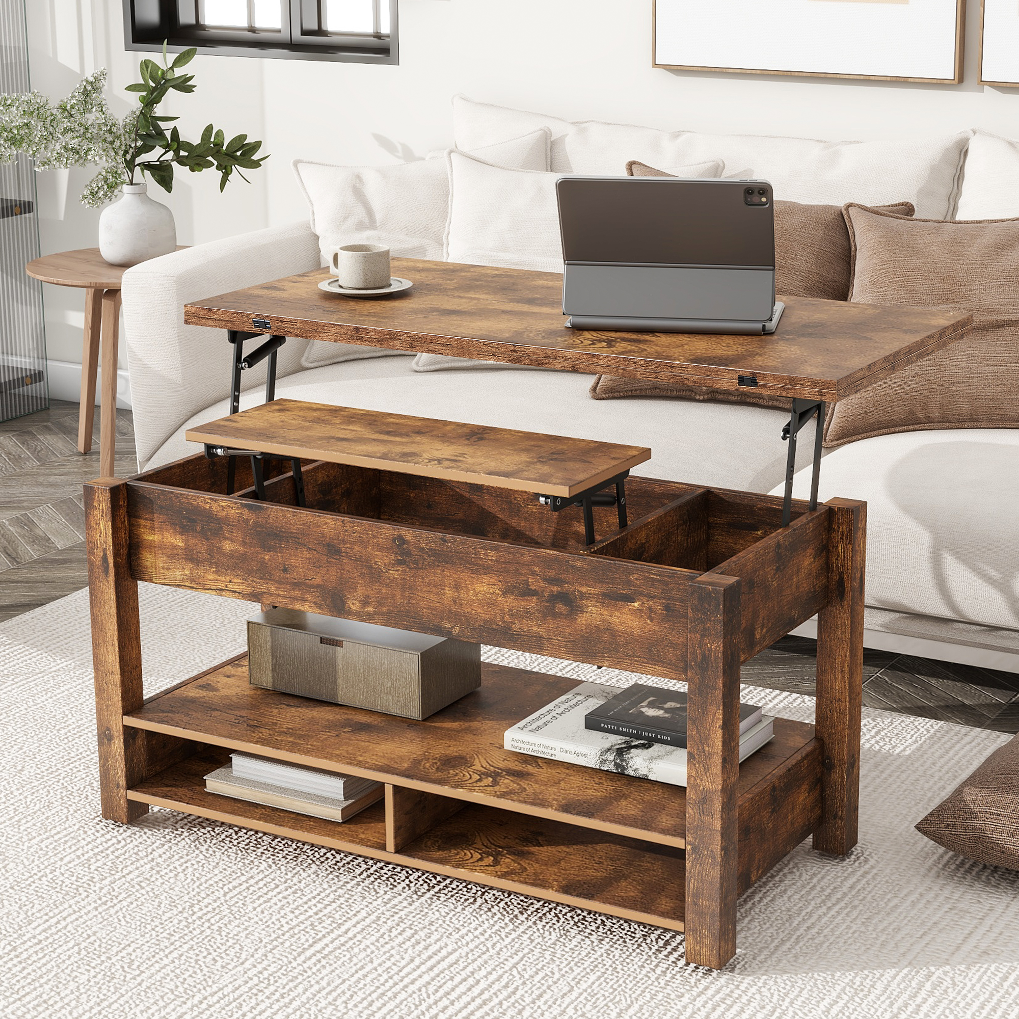 [VIDEO provided] ON-TREND Lift Top Coffee Table, Multi-Functional Coffee Table with Open Shelves, Modern Lift Tabletop Dining Table for Living Room, Home Office, Rustic Brown