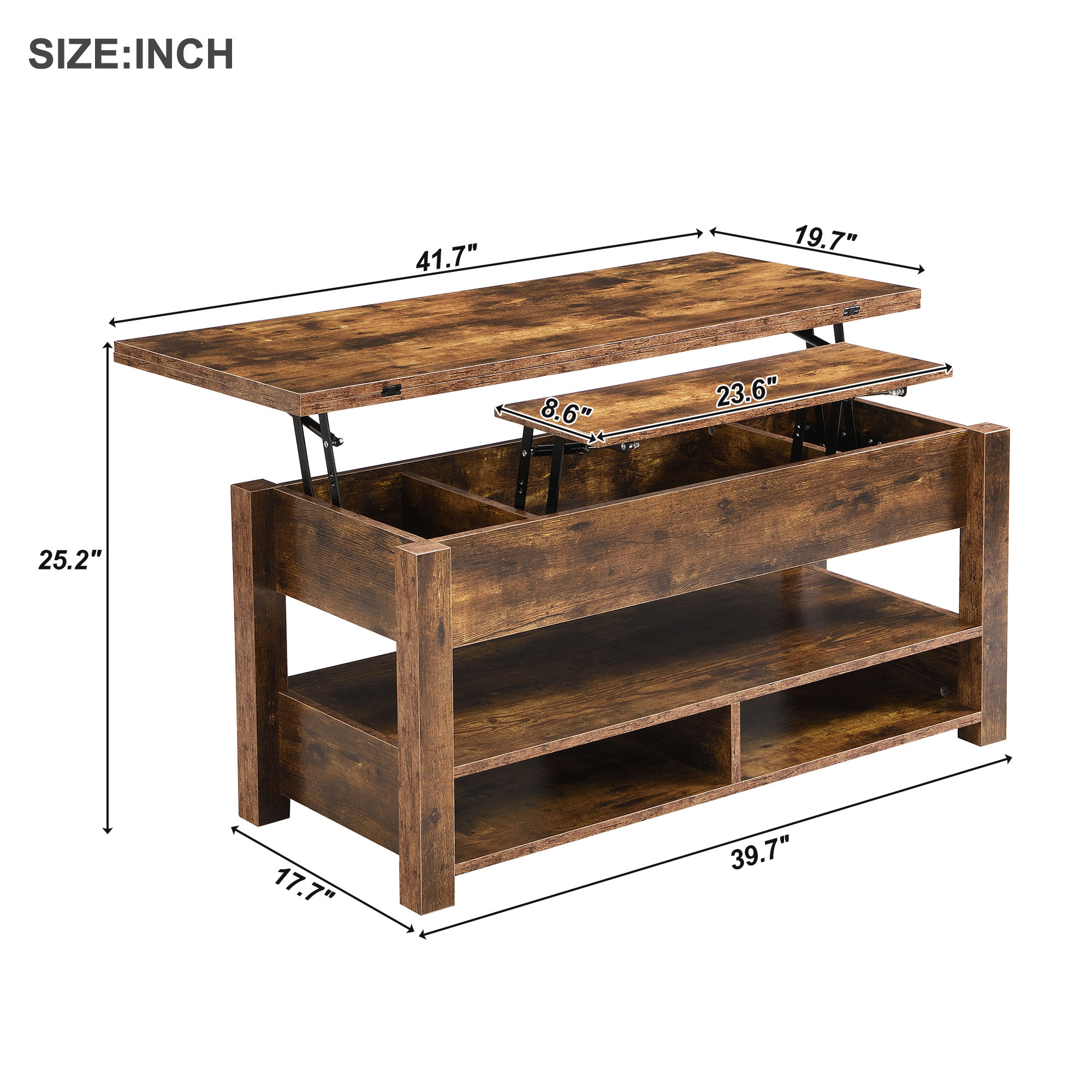 [VIDEO provided] ON-TREND Lift Top Coffee Table, Multi-Functional Coffee Table with Open Shelves, Modern Lift Tabletop Dining Table for Living Room, Home Office, Rustic Brown