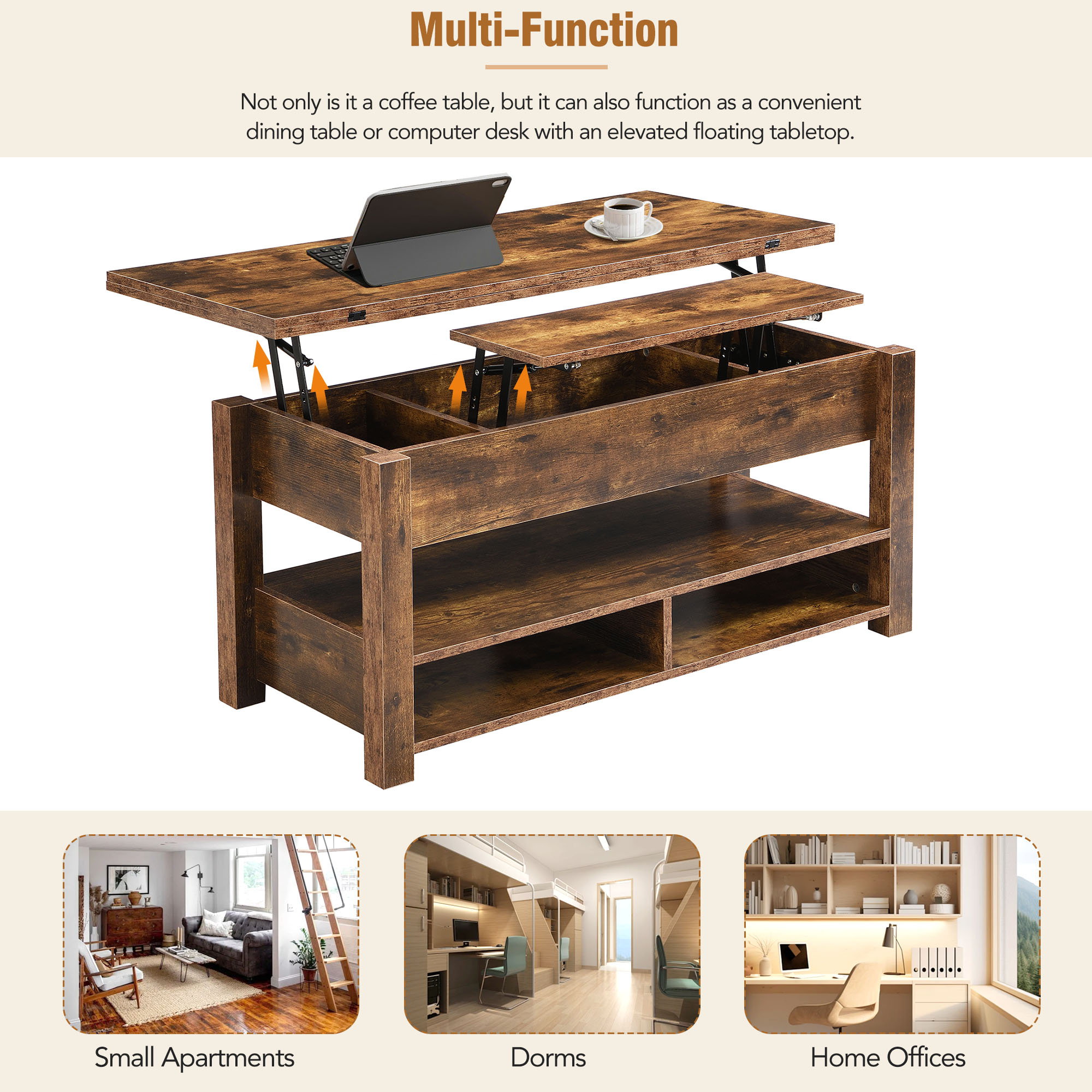 [VIDEO provided] ON-TREND Lift Top Coffee Table, Multi-Functional Coffee Table with Open Shelves, Modern Lift Tabletop Dining Table for Living Room, Home Office, Rustic Brown