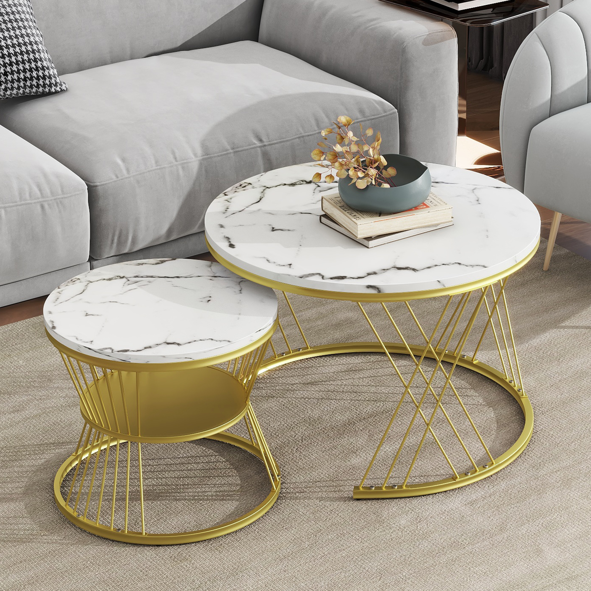 ON-TREND Φ27.5'' & Φ17.7'' Nesting Coffee Table with Marble Grain Table Top, Golden Iron Frame Round Coffee Table, Set of 2, for Living Room, Balcony, White