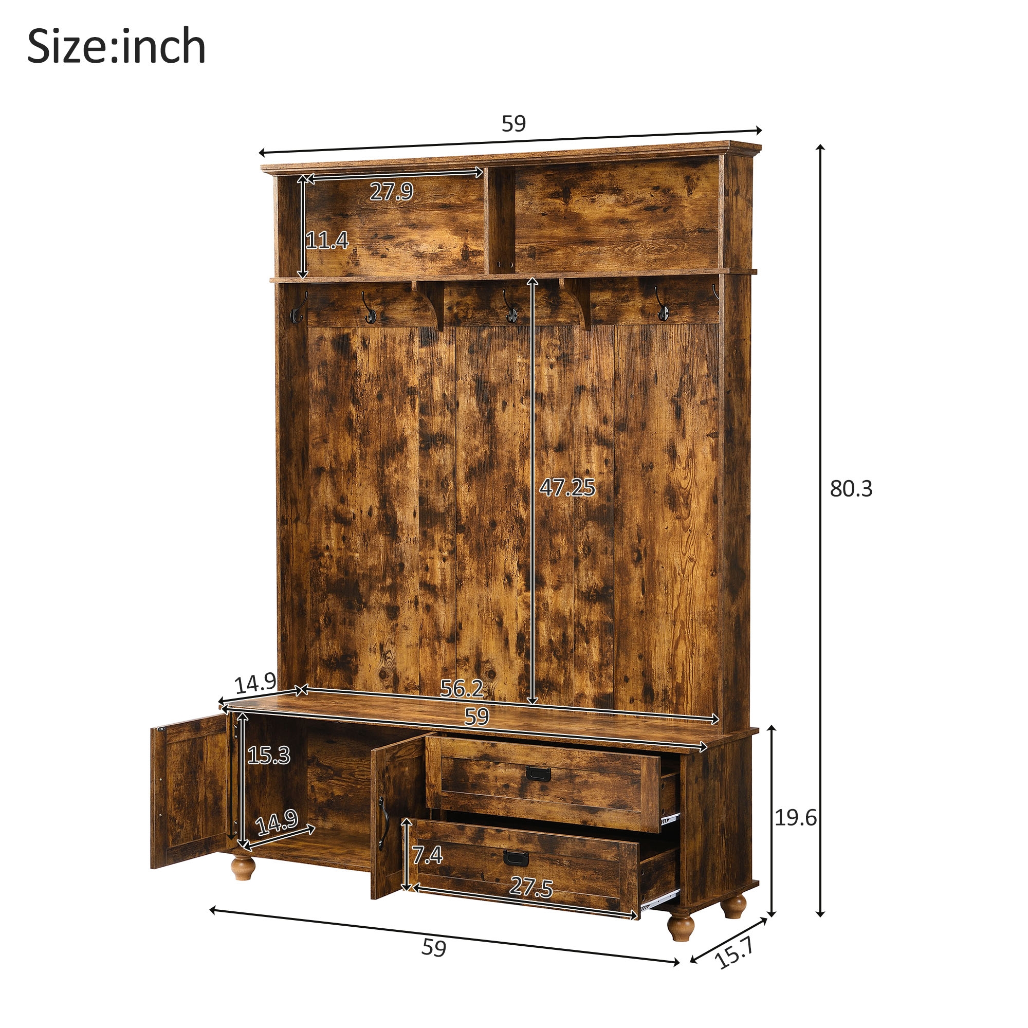 ON-TREND Modern Style Hall Tree with Storage Cabinet and 2 Large Drawers, Widen Mudroom Bench with 5 Coat Hooks, Rustic Brown