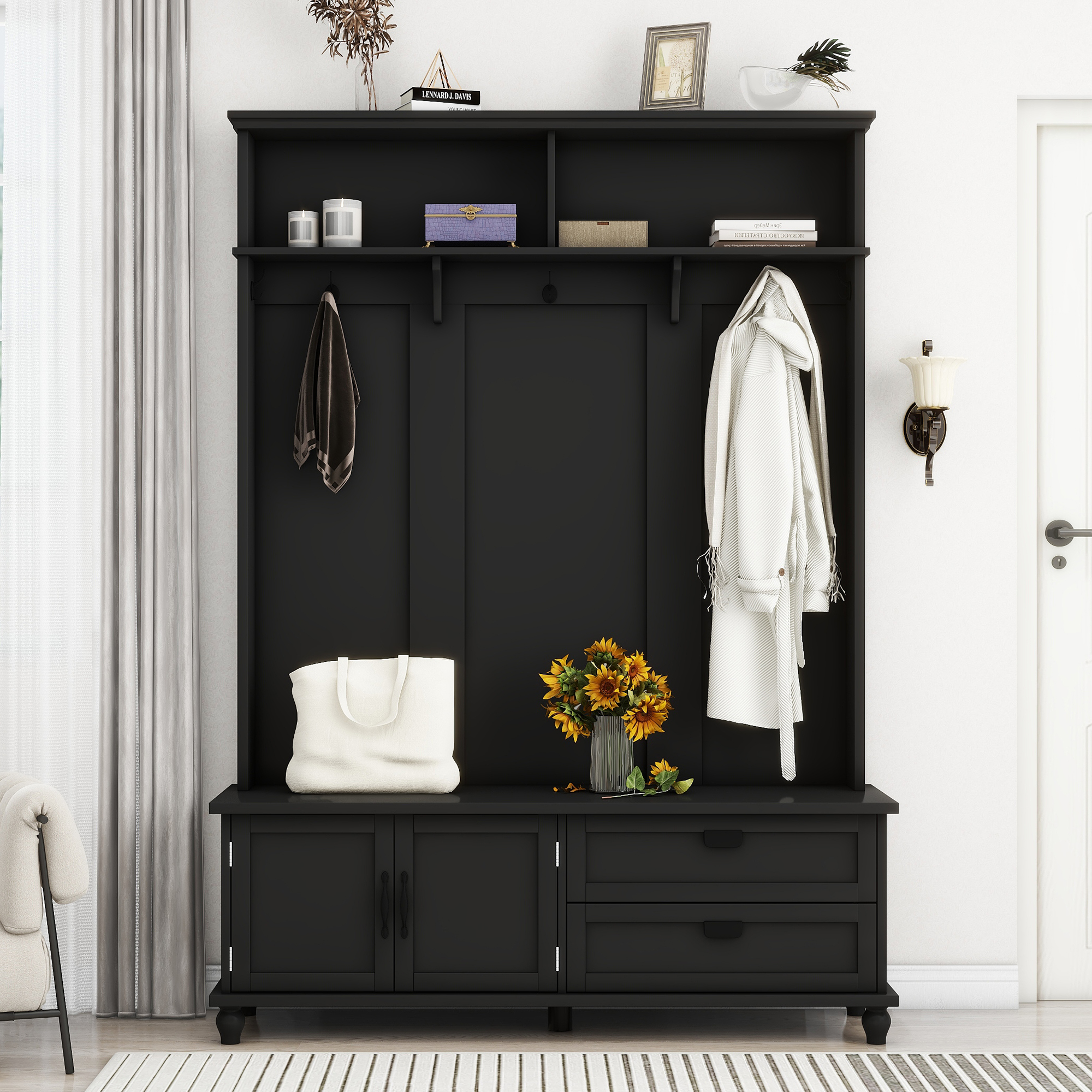 ON-TREND Modern Style Hall Tree with Storage Cabinet and 2 Large Drawers, Widen Mudroom Bench with 5 Coat Hooks, Black