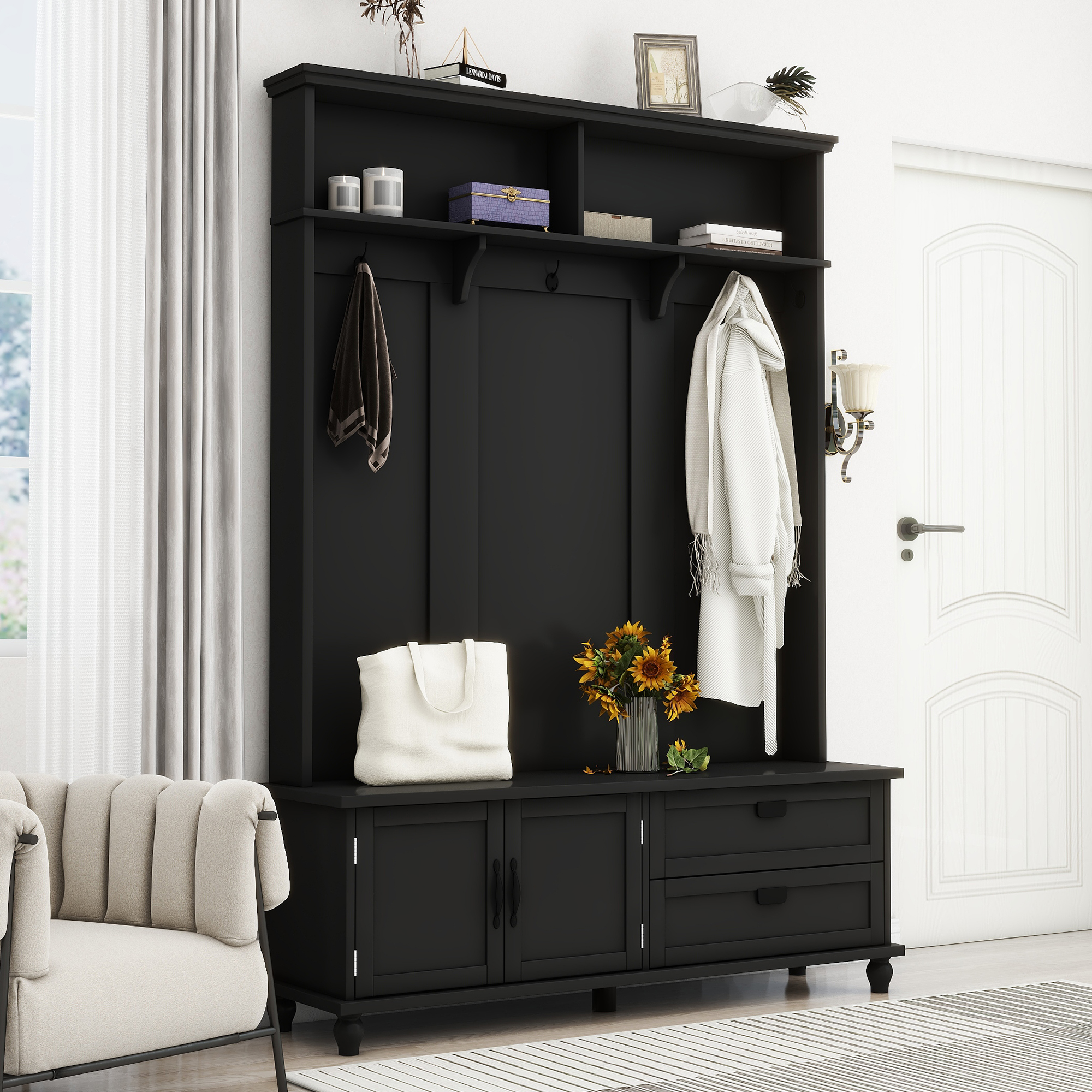 ON-TREND Modern Style Hall Tree with Storage Cabinet and 2 Large Drawers, Widen Mudroom Bench with 5 Coat Hooks, Black