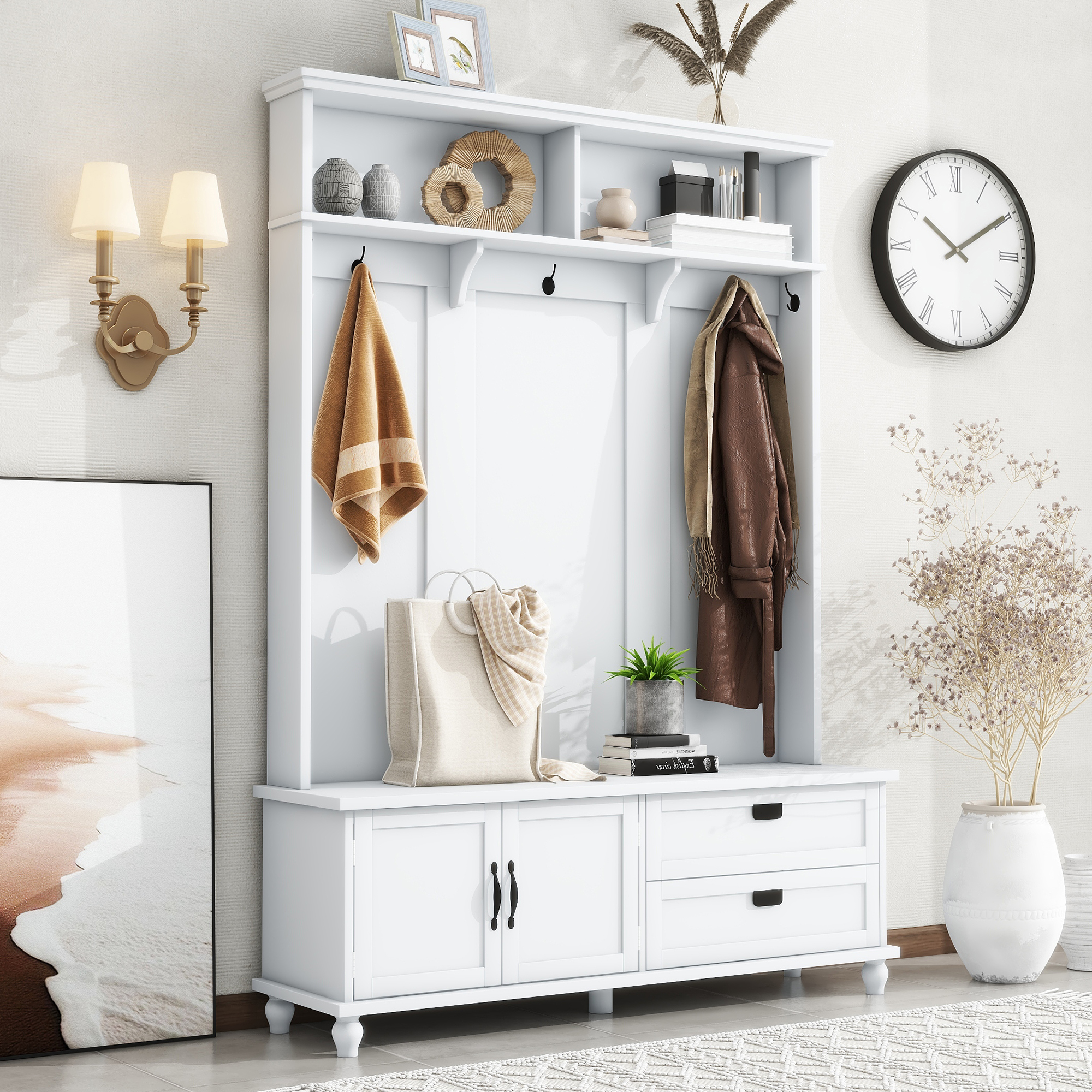 [VIDEO provided] ON-TREND Modern Style Hall Tree with Storage Cabinet and 2 Large Drawers, Widen Mudroom Bench with 5 Coat Hooks, White