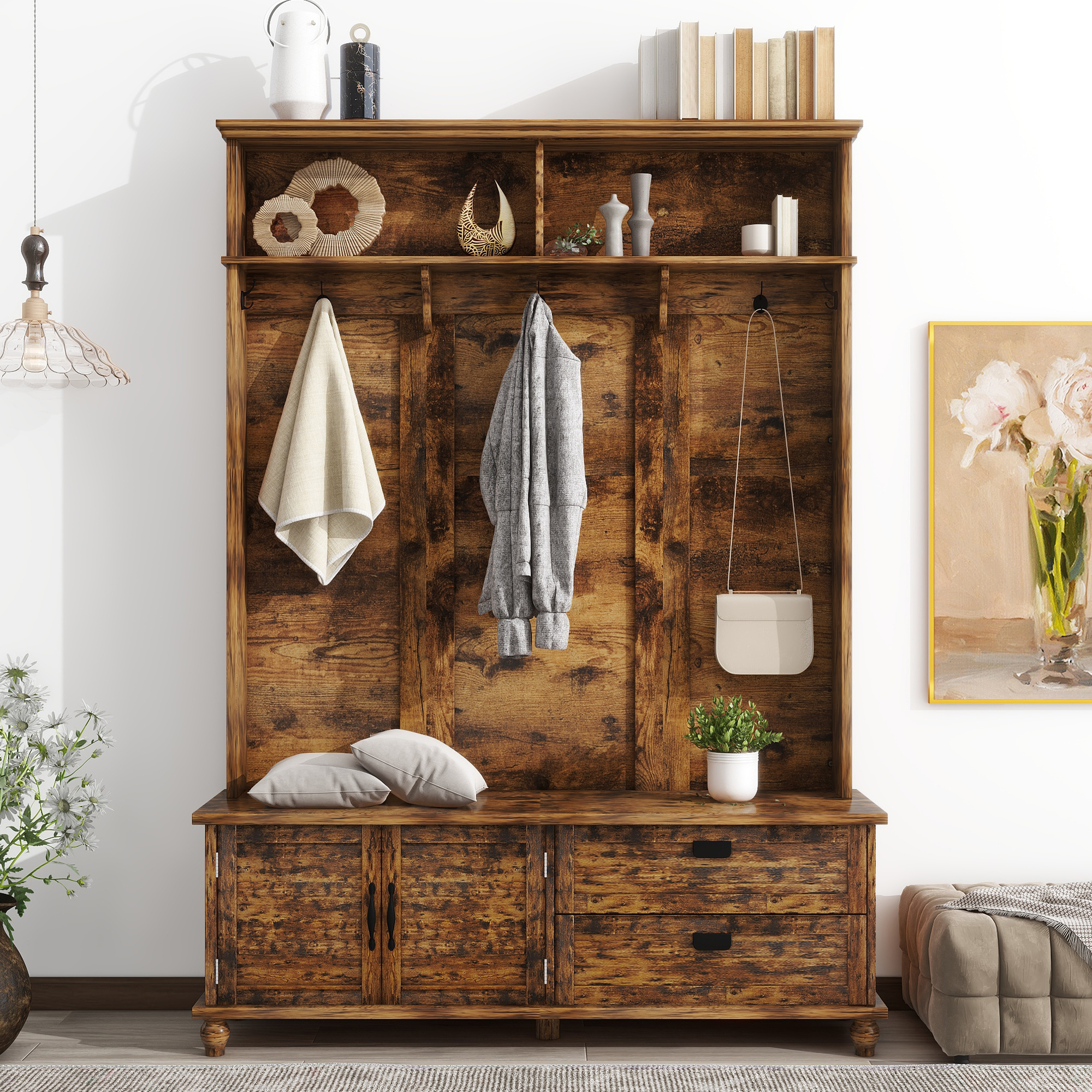 ON-TREND Modern Style Hall Tree with Storage Cabinet and 2 Large Drawers, Widen Mudroom Bench with 5 Coat Hooks, Rustic Brown