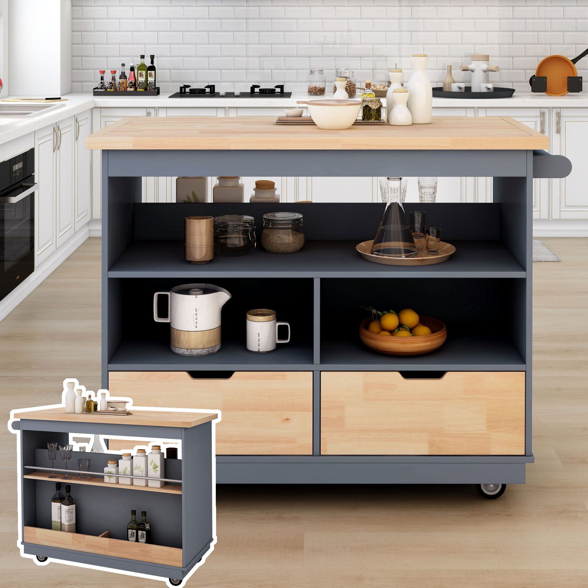 Rolling Kitchen Island with Storage, Two-sided Kitchen island Cart on Wheels with Wood Top, Wine and Spice Rack, Large Kitchen Cart with 2 Drawers, 3 Open Compartments, Grey Blue