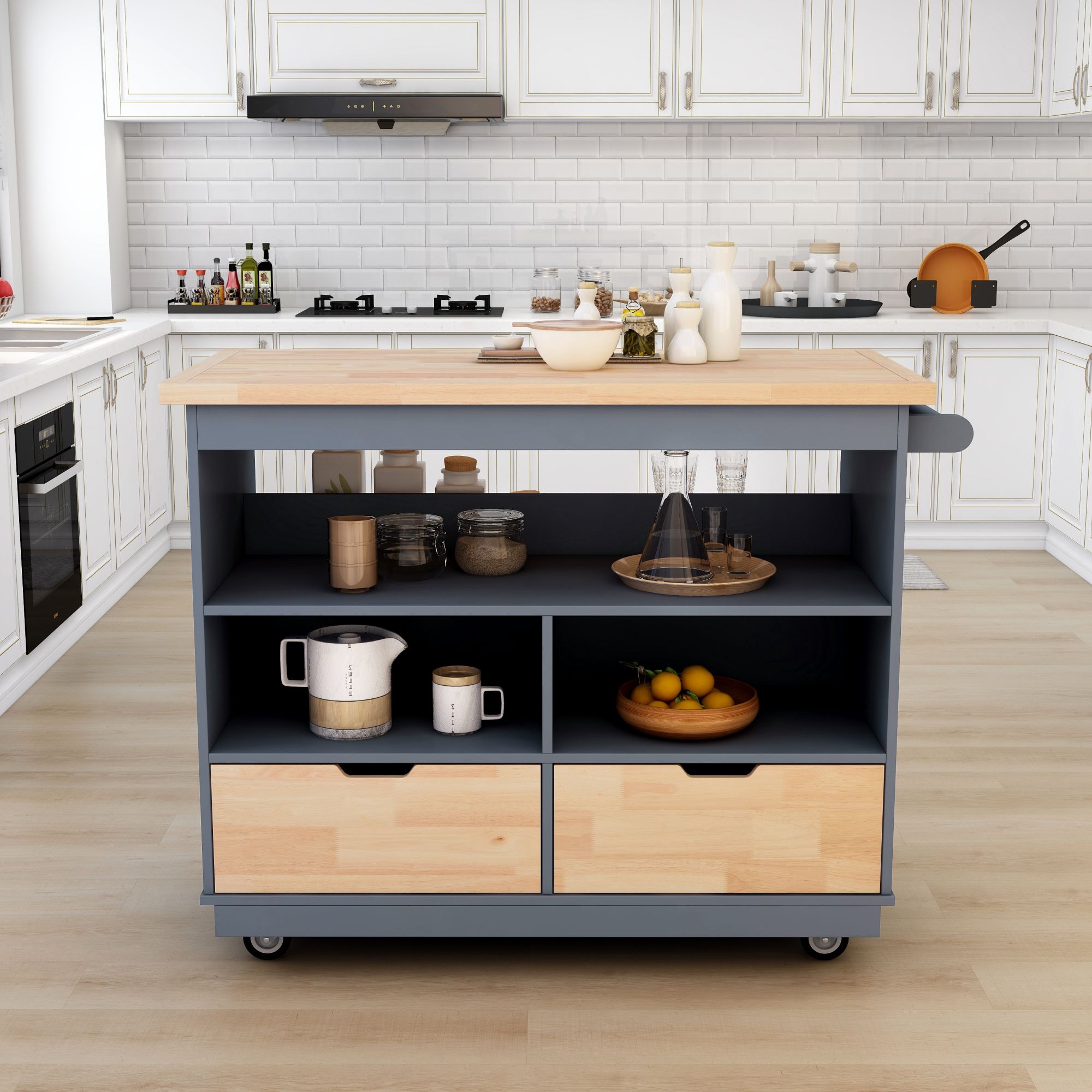 Rolling Kitchen Island with Storage, Two-sided Kitchen island Cart on Wheels with Wood Top, Wine and Spice Rack, Large Kitchen Cart with 2 Drawers, 3 Open Compartments, Grey Blue