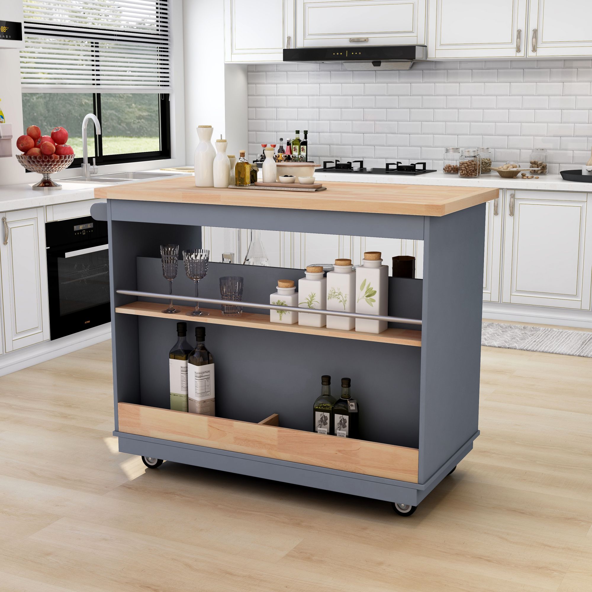 Rolling Kitchen Island with Storage, Two-sided Kitchen island Cart on Wheels with Wood Top, Wine and Spice Rack, Large Kitchen Cart with 2 Drawers, 3 Open Compartments, Grey Blue