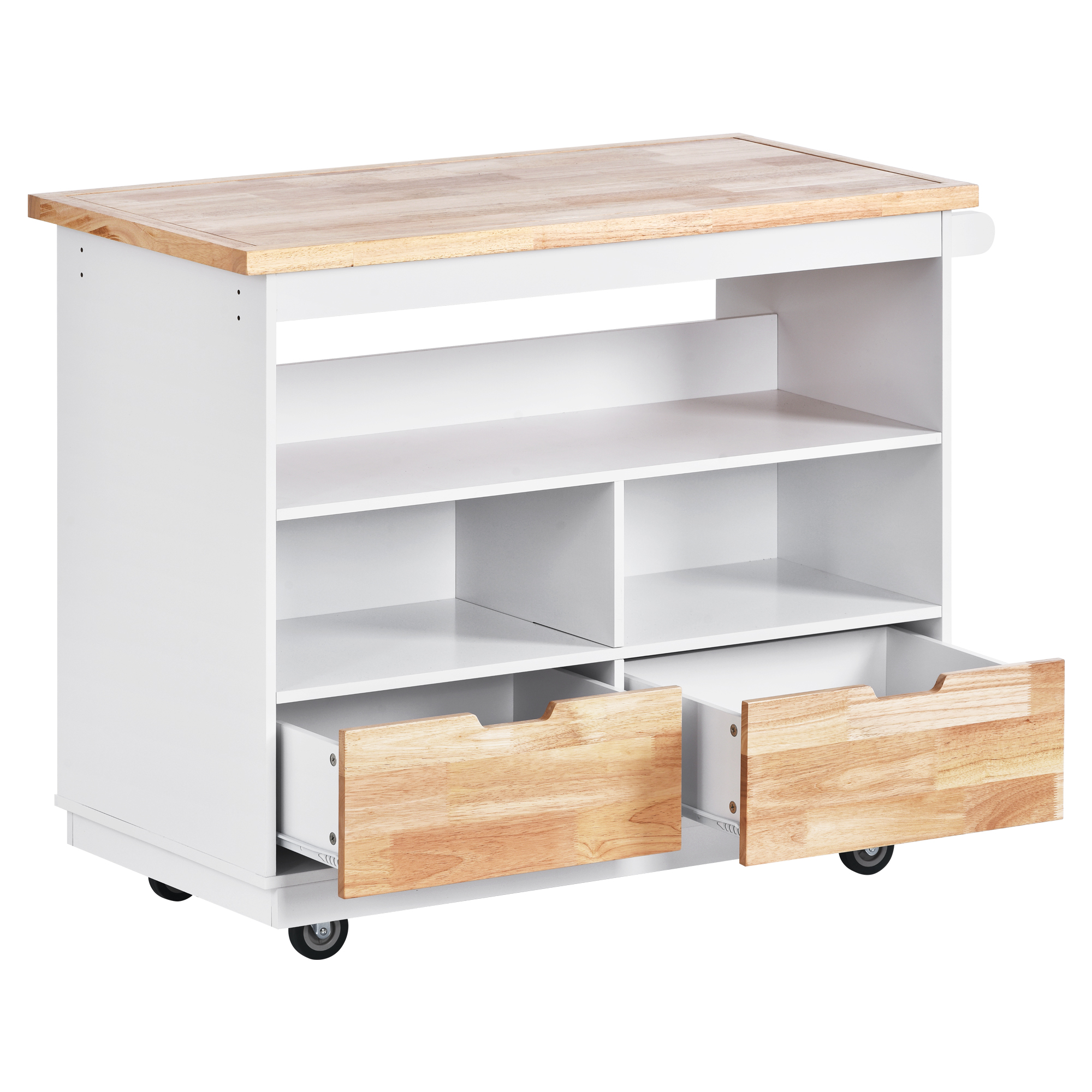 Rolling Kitchen Island with Storage, Two-sided Kitchen island Cart on Wheels with RubberWood Top,Wine and Spice Rack, Large Kitchen Cart with 2 Drawers, 3 Open Compartments, White