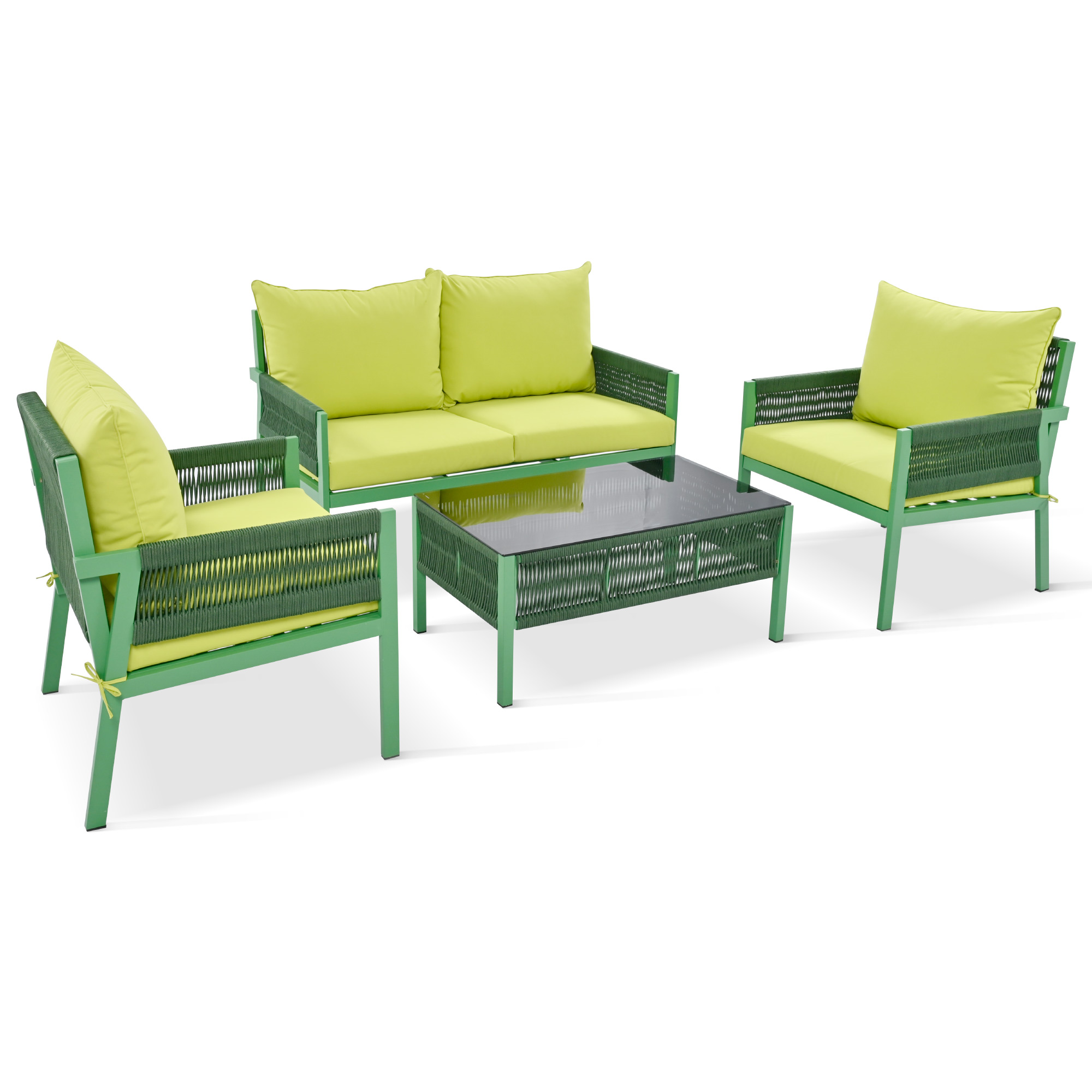 K&K 4-Piece Rope Patio Furniture Set, Outdoor Furniture with Tempered Glass Table, Patio Conversation Set Deep Seating with Thick Cushion for Backyard Porch Balcony (Fluorescent Yellow & Green)