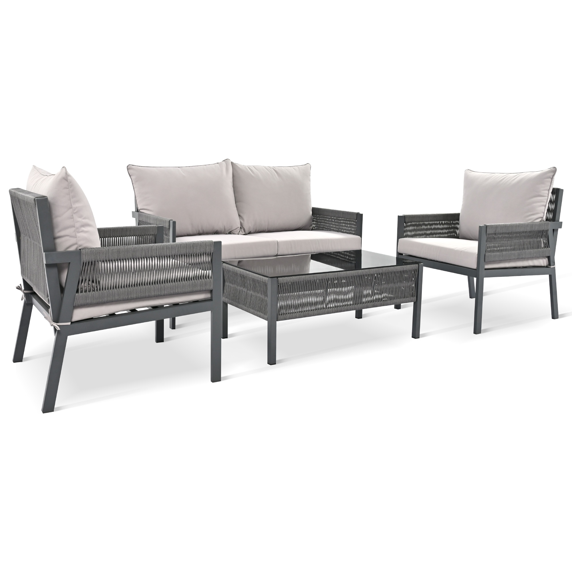 K&K 4-Piece Rope Patio Furniture Set, Outdoor Furniture with Tempered Glass Table, Patio Conversation Set Deep Seating with Thick Cushion for Backyard Porch Balcony (Grey)