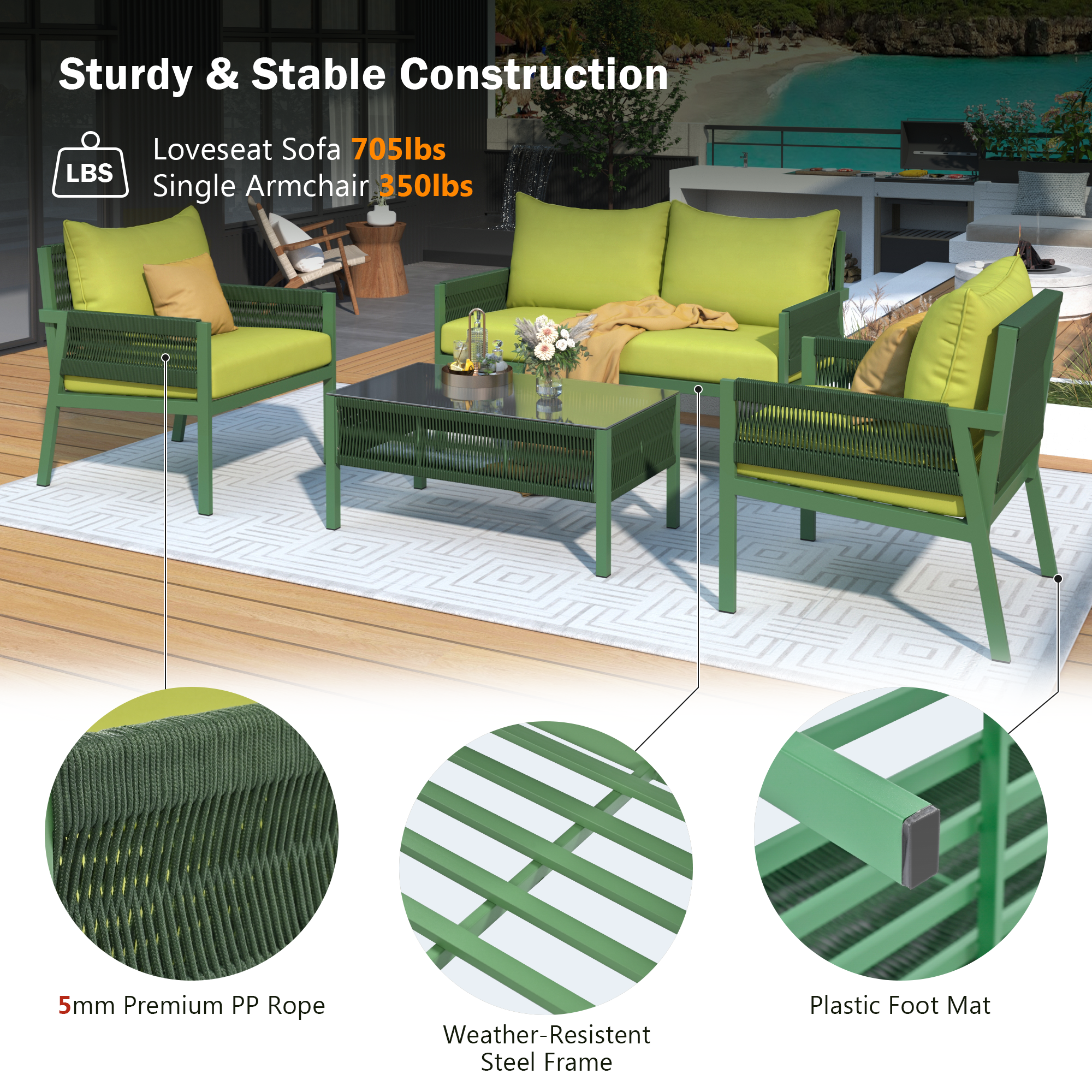 K&K 4-Piece Rope Patio Furniture Set, Outdoor Furniture with Tempered Glass Table, Patio Conversation Set Deep Seating with Thick Cushion for Backyard Porch Balcony (Fluorescent Yellow & Green)