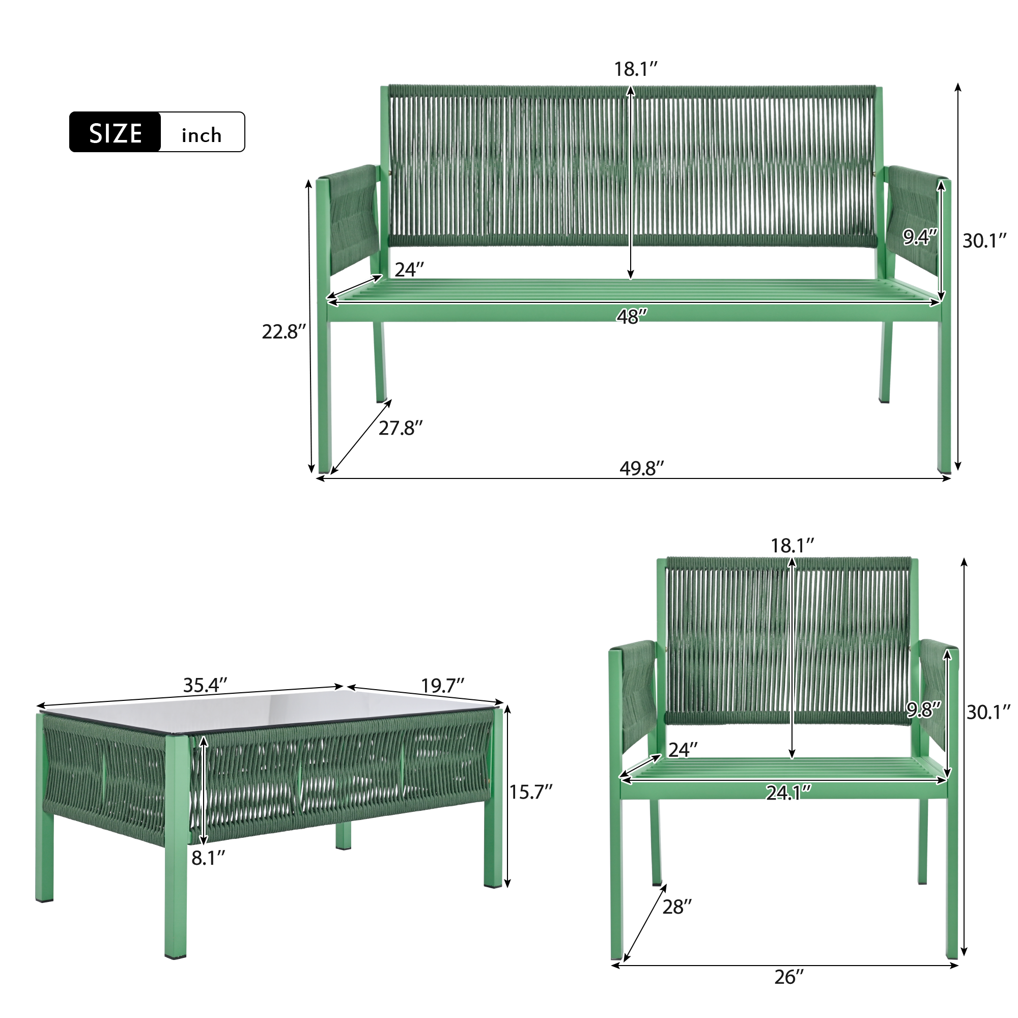 K&K 4-Piece Rope Patio Furniture Set, Outdoor Furniture with Tempered Glass Table, Patio Conversation Set Deep Seating with Thick Cushion for Backyard Porch Balcony (Fluorescent Yellow & Green)