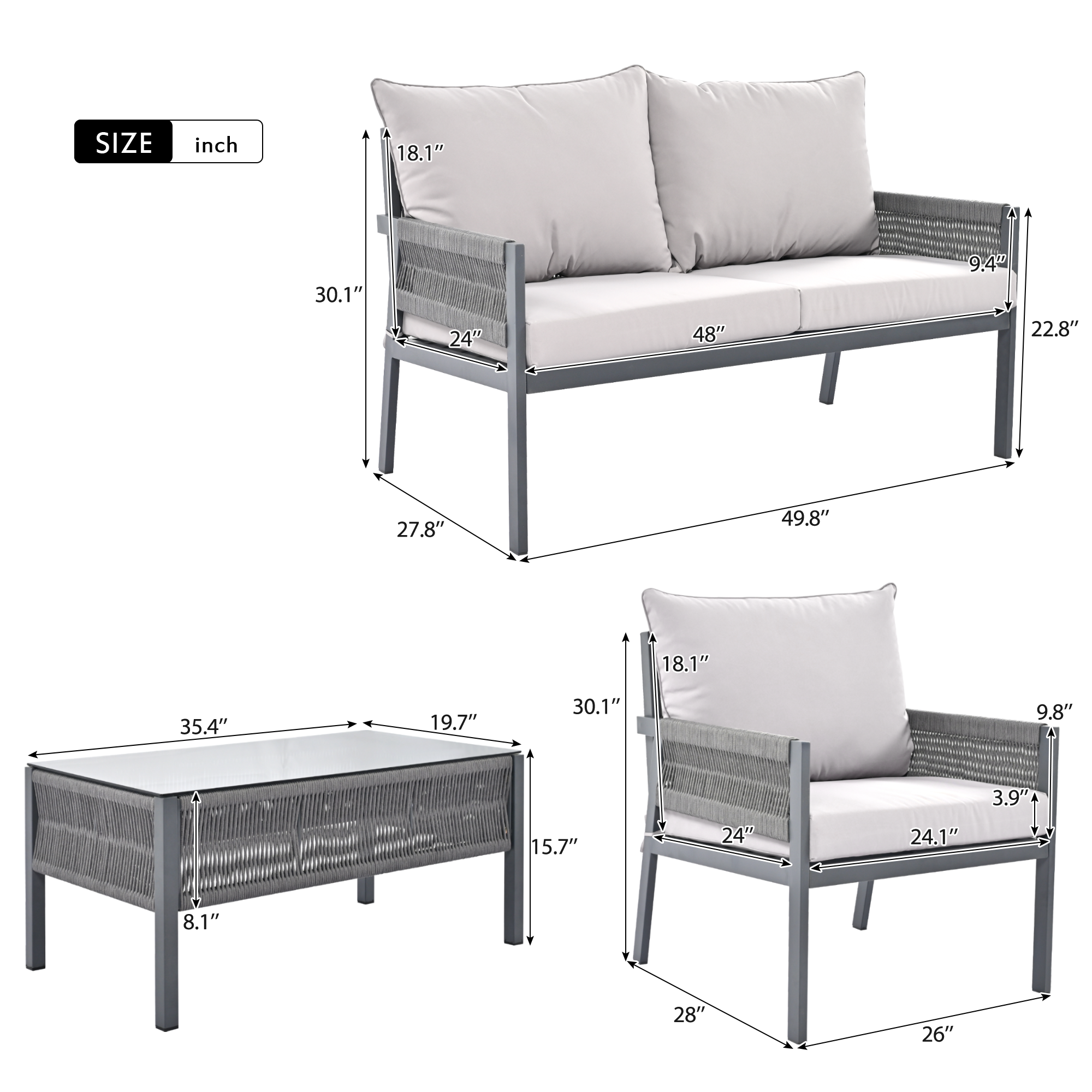 K&K 4-Piece Rope Patio Furniture Set, Outdoor Furniture with Tempered Glass Table, Patio Conversation Set Deep Seating with Thick Cushion for Backyard Porch Balcony (Grey)