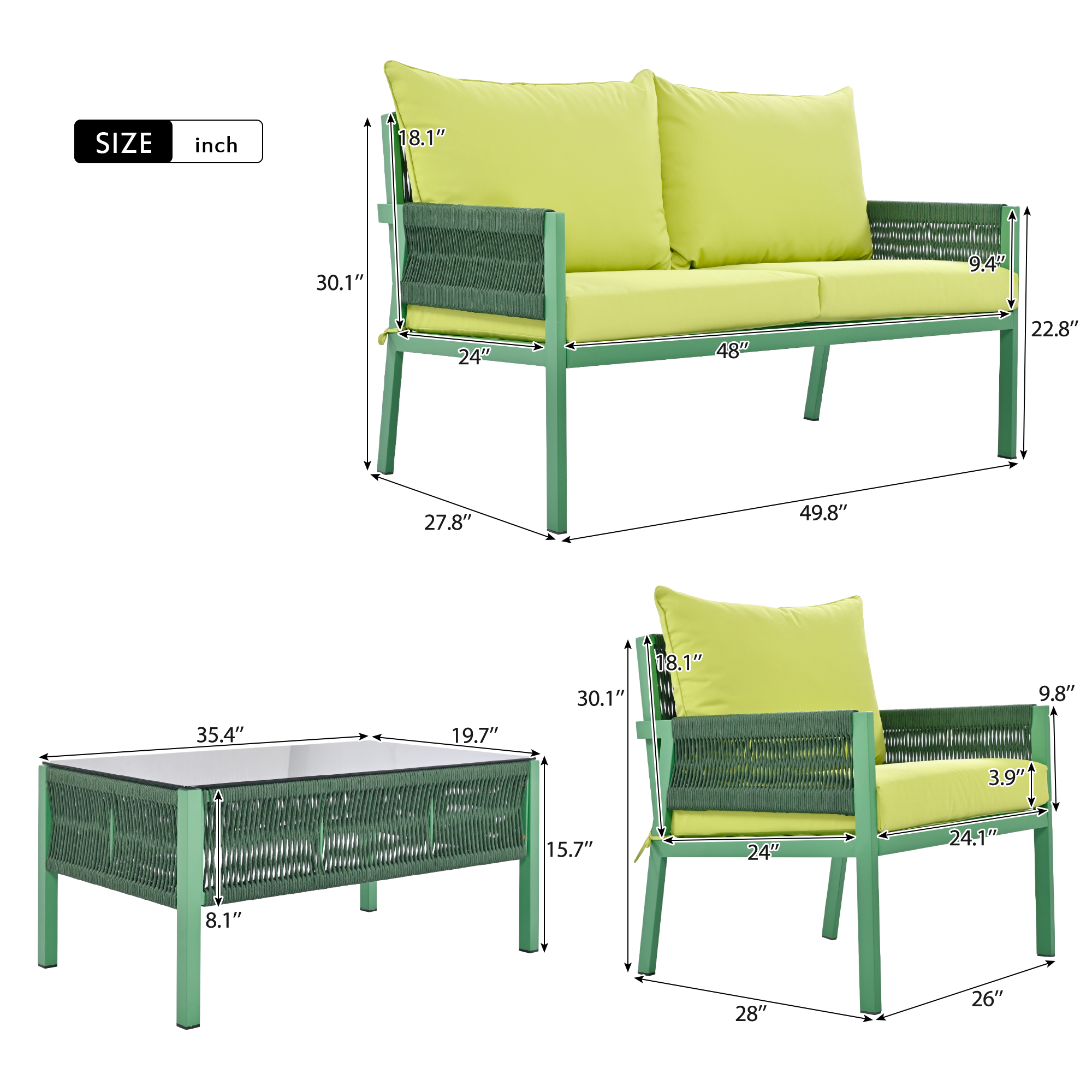 K&K 4-Piece Rope Patio Furniture Set, Outdoor Furniture with Tempered Glass Table, Patio Conversation Set Deep Seating with Thick Cushion for Backyard Porch Balcony (Fluorescent Yellow & Green)