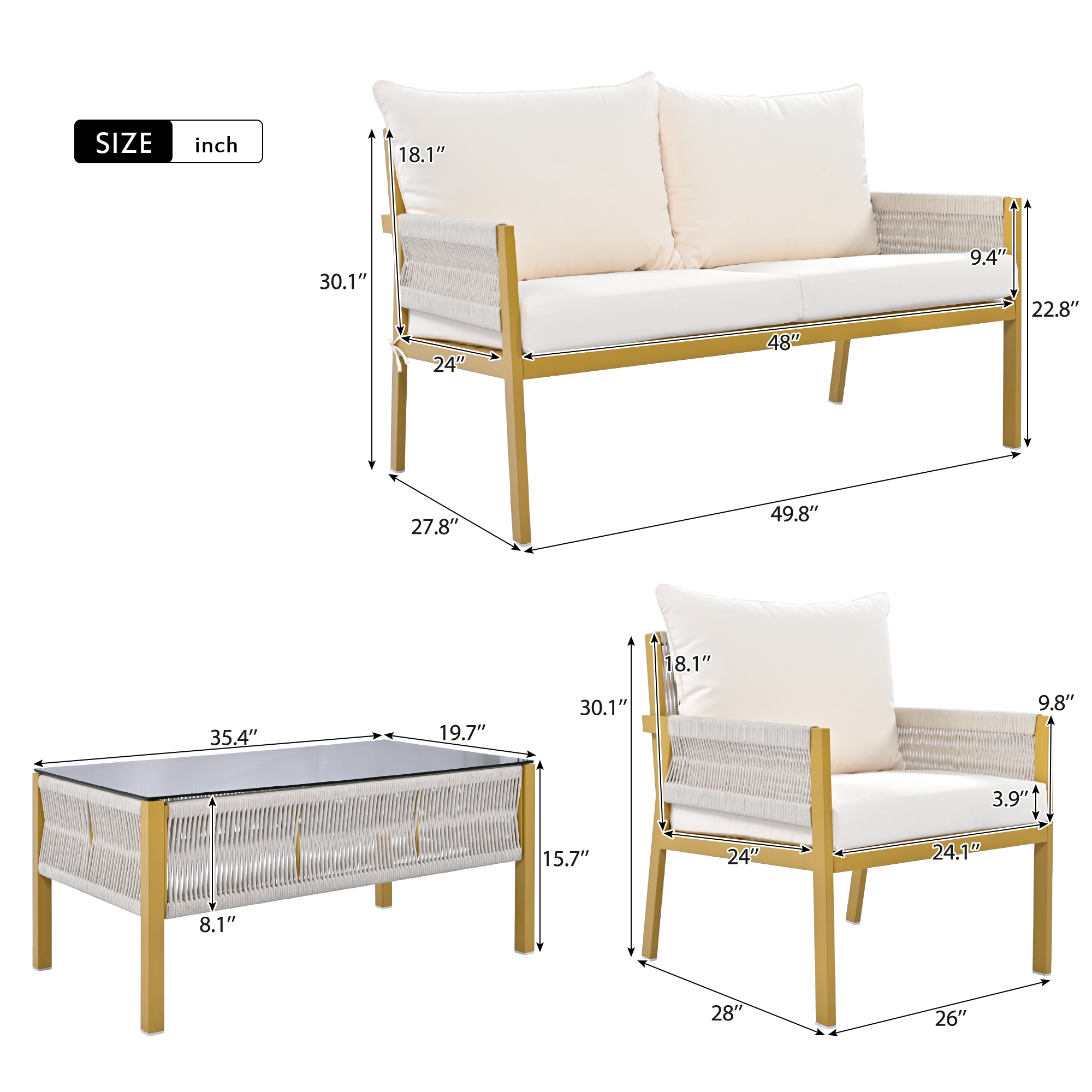 K&K 4-Piece Rope Patio Furniture Set, Outdoor Furniture with Tempered Glass Table, Patio Conversation Set Deep Seating with Thick Cushion for Backyard Porch Balcony (Beige&Mustard Yellow)