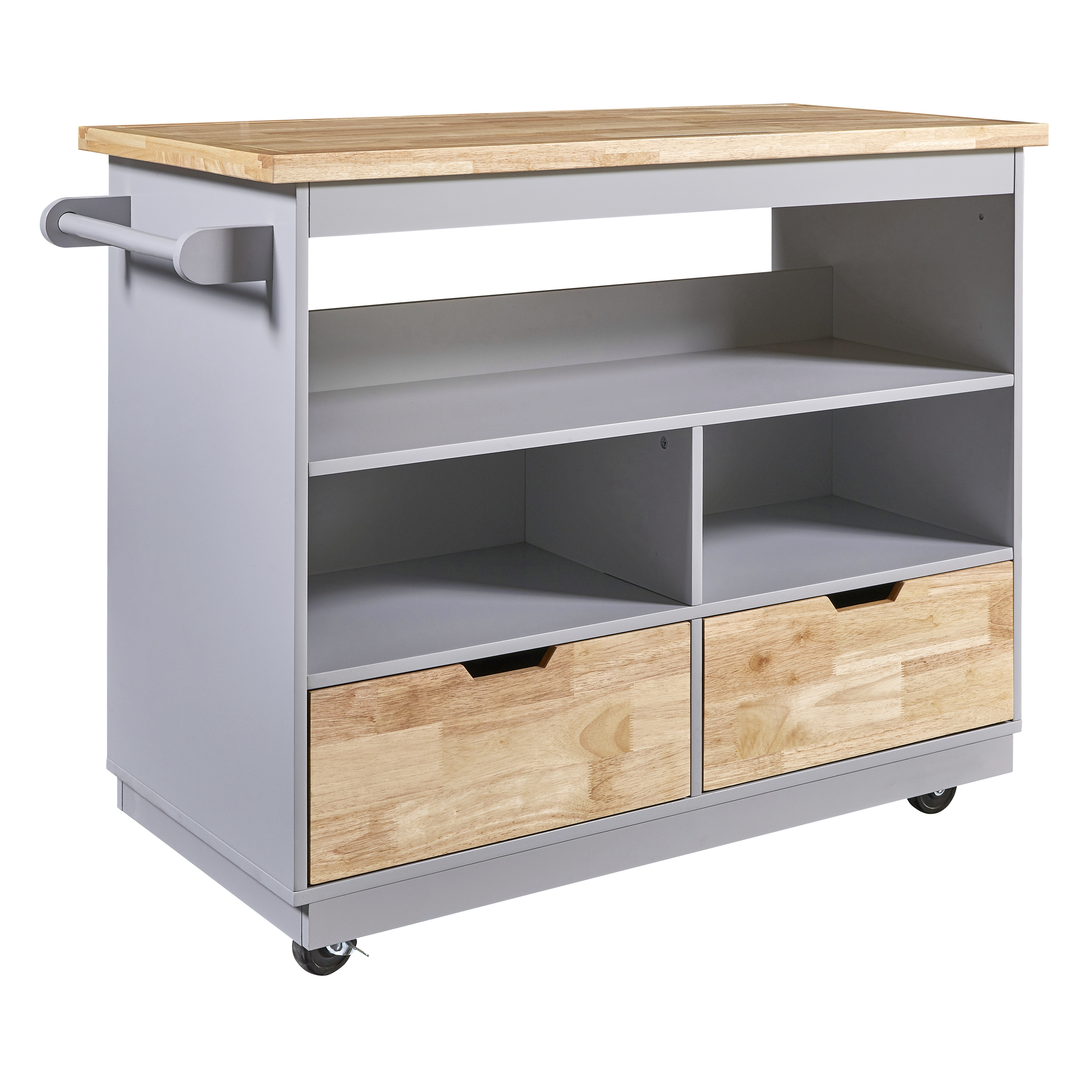 Rolling Kitchen Island with Storage, Two-sided Kitchen island Cart on Wheels with Wood Top, Wine and Spice Rack, Large Kitchen Cart with 2 Drawers, 3 Open Compartments, Grey Blue