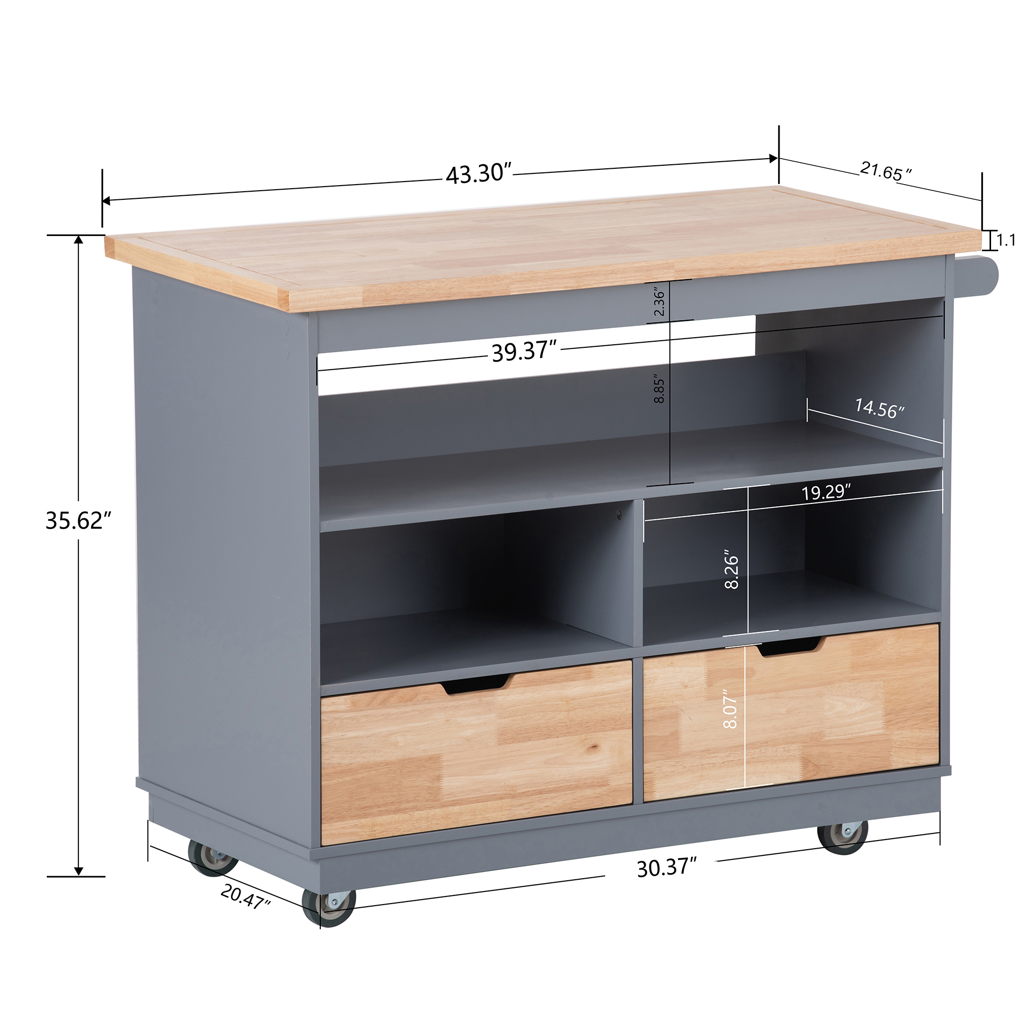 Rolling Kitchen Island with Storage, Two-sided Kitchen island Cart on Wheels with Wood Top, Wine and Spice Rack, Large Kitchen Cart with 2 Drawers, 3 Open Compartments, Grey Blue