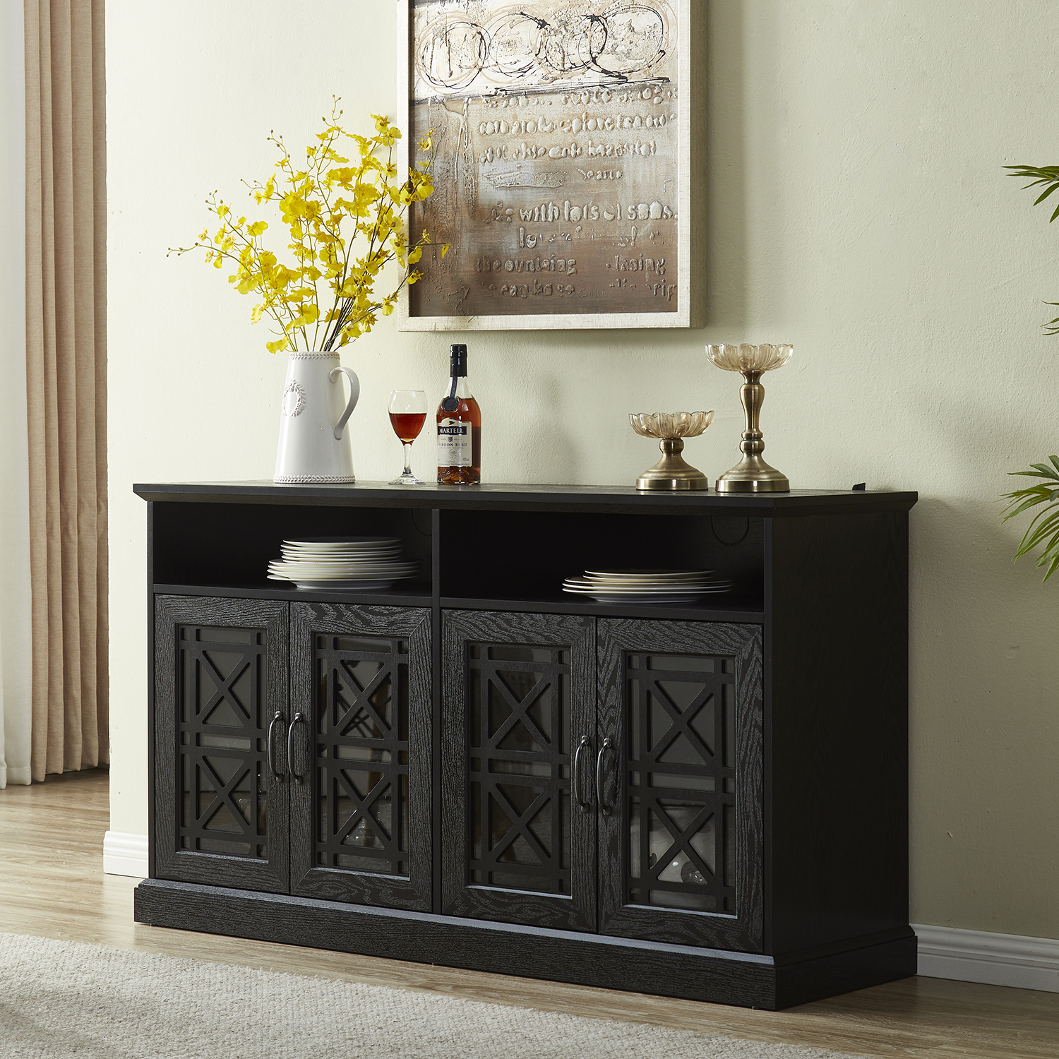 53" TV Console/Storage Buffet Cabinet/Sideboard, Black- Wood Grain Finish