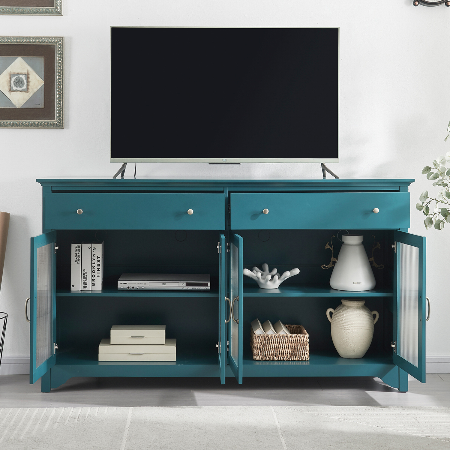 65" TV Console, Storage Buffet Cabinet, Sideboard with Glass Door and Adjustable Shelves, Console Table, Teal Blue