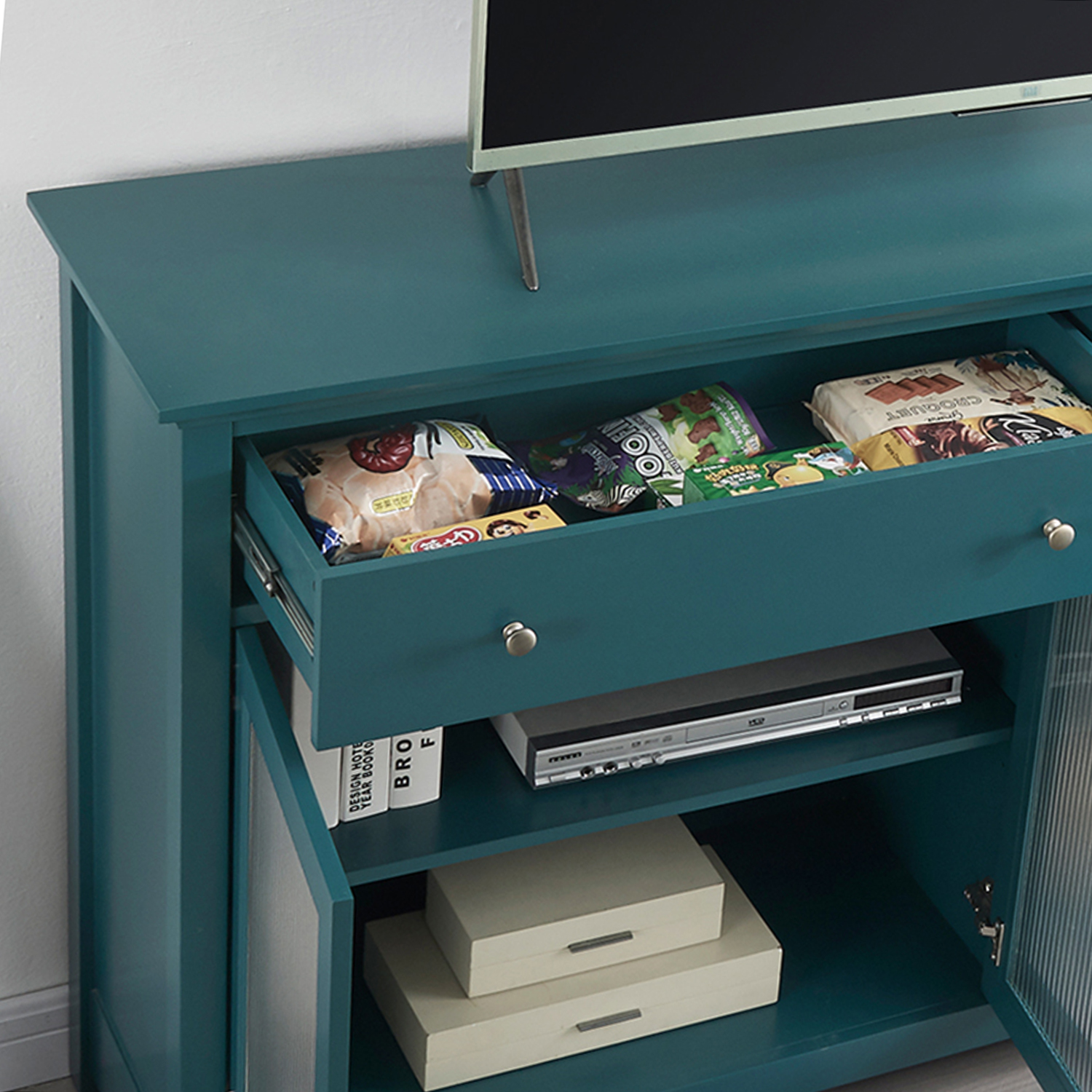 65" TV Console, Storage Buffet Cabinet, Sideboard with Glass Door and Adjustable Shelves, Console Table, Teal Blue