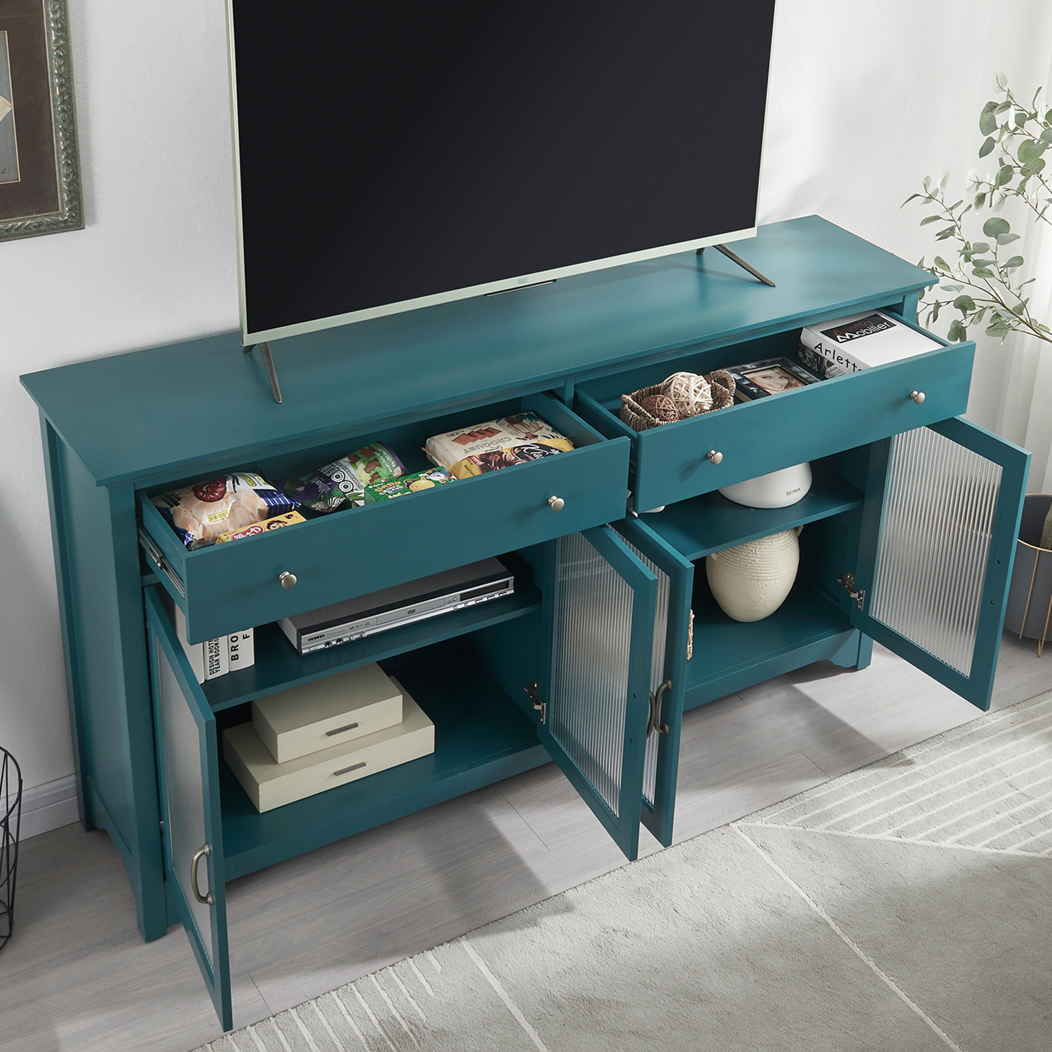 65" TV Console, Storage Buffet Cabinet, Sideboard with Glass Door and Adjustable Shelves, Console Table, Teal Blue