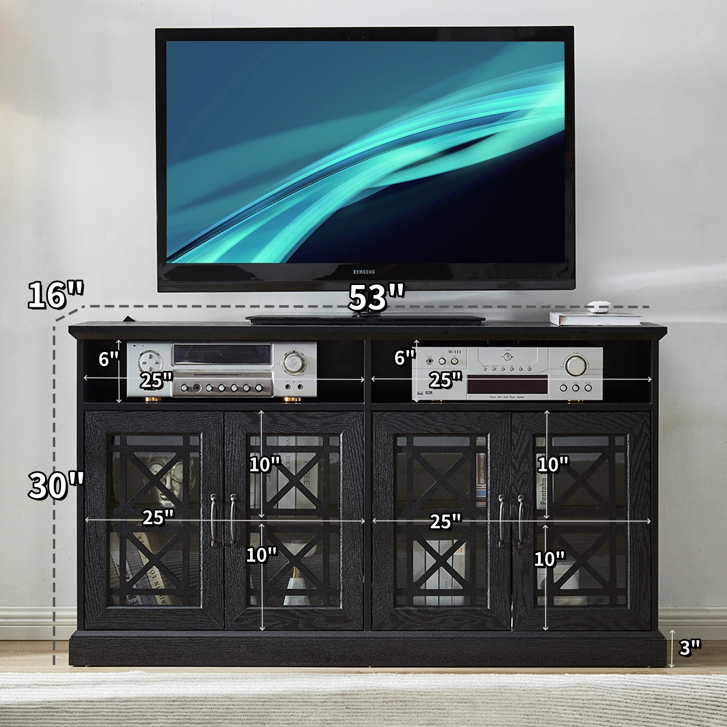 53" TV Console/Storage Buffet Cabinet/Sideboard, Black- Wood Grain Finish