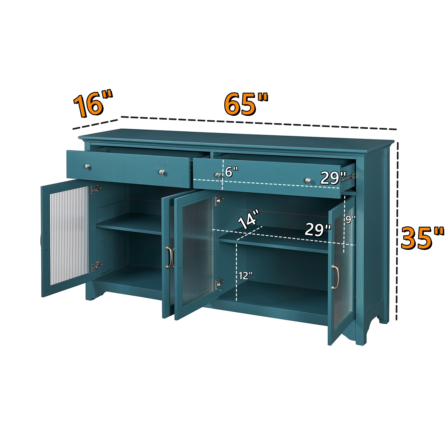 65" TV Console, Storage Buffet Cabinet, Sideboard with Glass Door and Adjustable Shelves, Console Table, Teal Blue