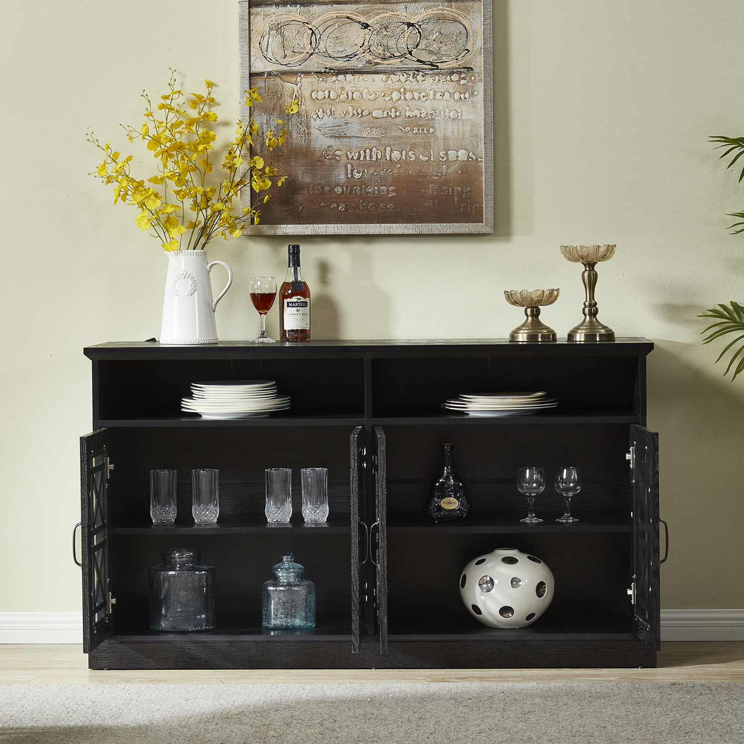 53" TV Console/Storage Buffet Cabinet/Sideboard, Black- Wood Grain Finish