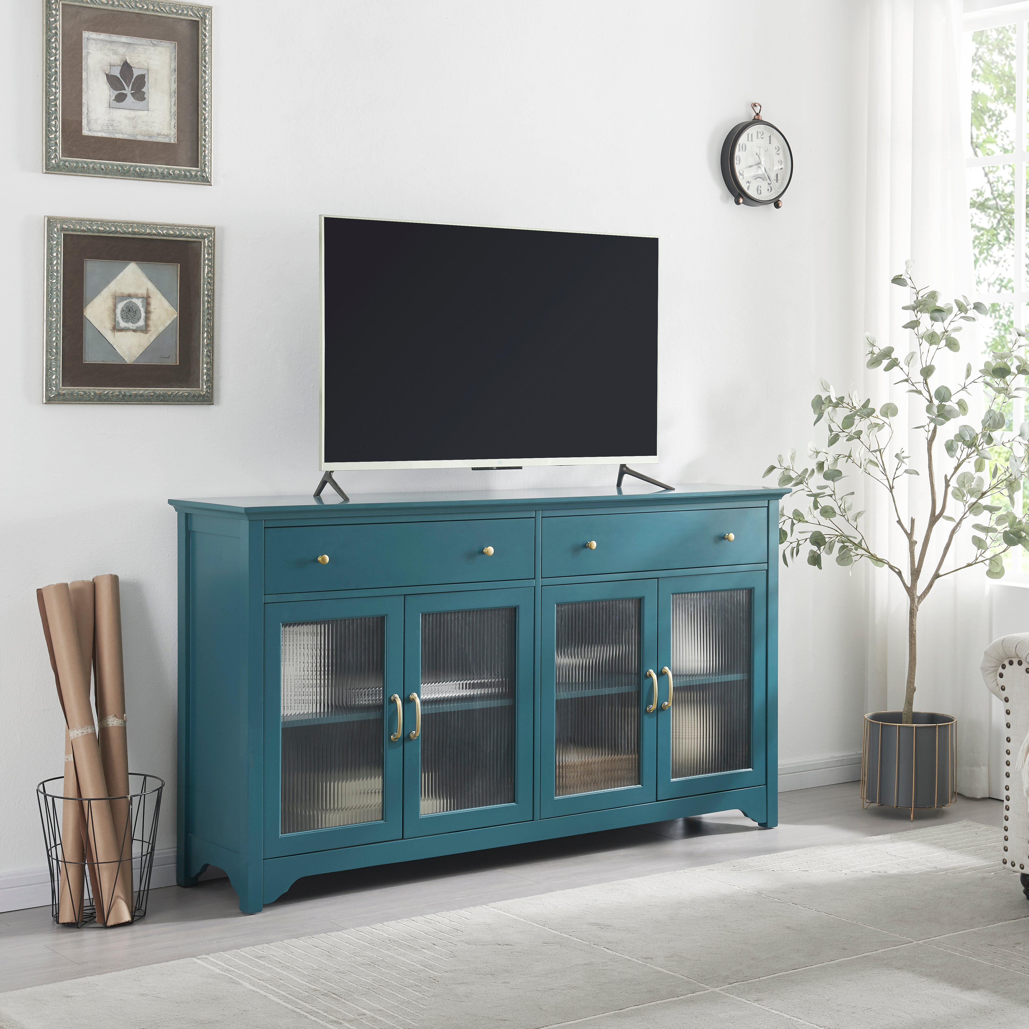 65" TV Console, Storage Buffet Cabinet, Sideboard with Glass Door and Adjustable Shelves, Console Table, Teal Blue