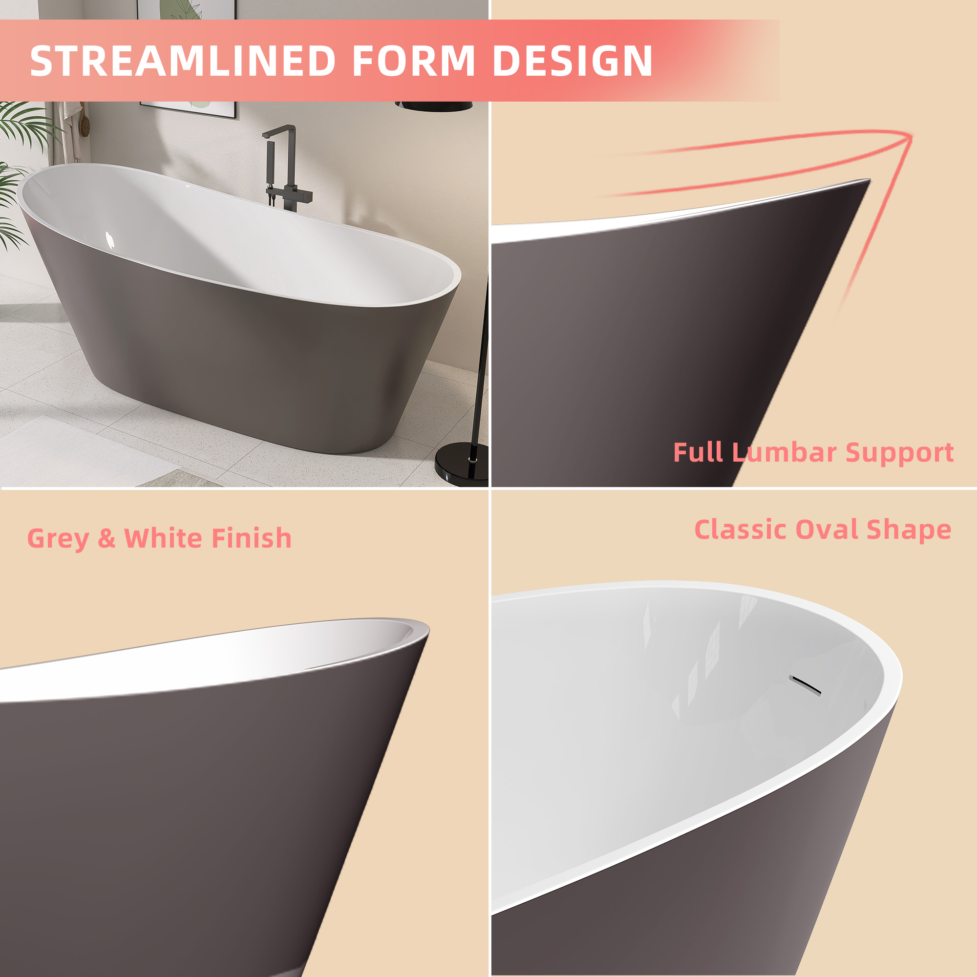 67" Acrylic Freestanding Bathtub, Matte Grey Modern Stand Alone Soaking Bathtub, Brushed Nickel Drain and Minimalist Linear Design Overflow Included Easy to Install