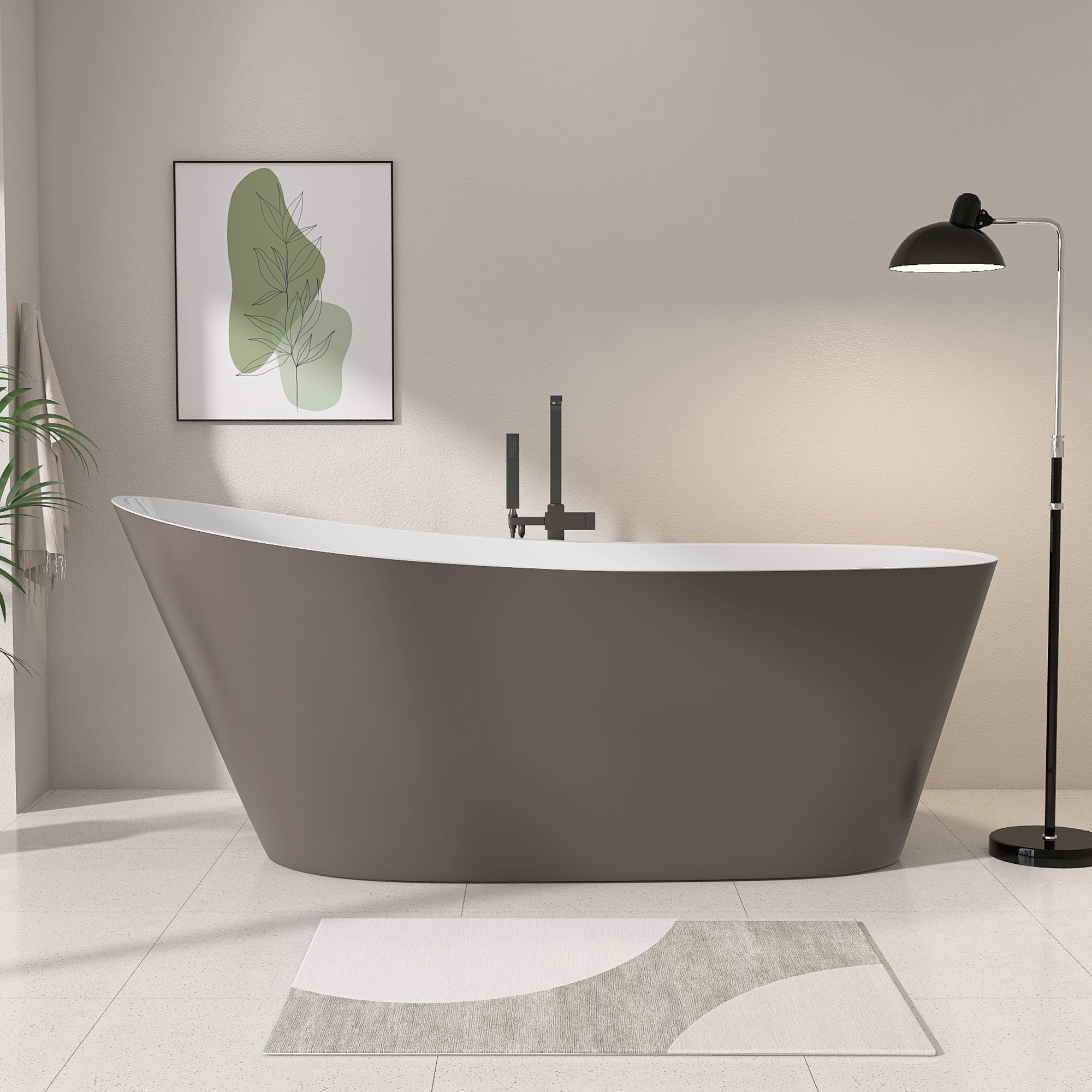 67" Acrylic Freestanding Bathtub, Matte Grey Modern Stand Alone Soaking Bathtub, Brushed Nickel Drain and Minimalist Linear Design Overflow Included Easy to Install