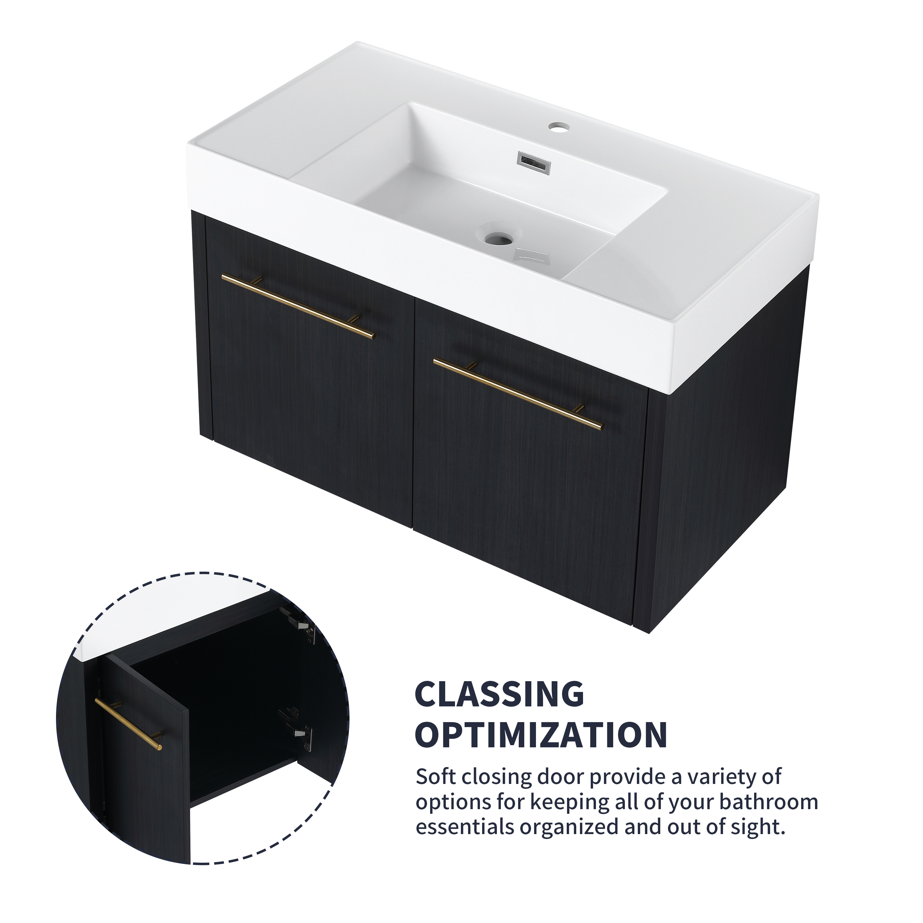 36 Inch Wall-Mounted Bathroom Vanity with Sink, Thick Edged Resin Basin, KD-Package