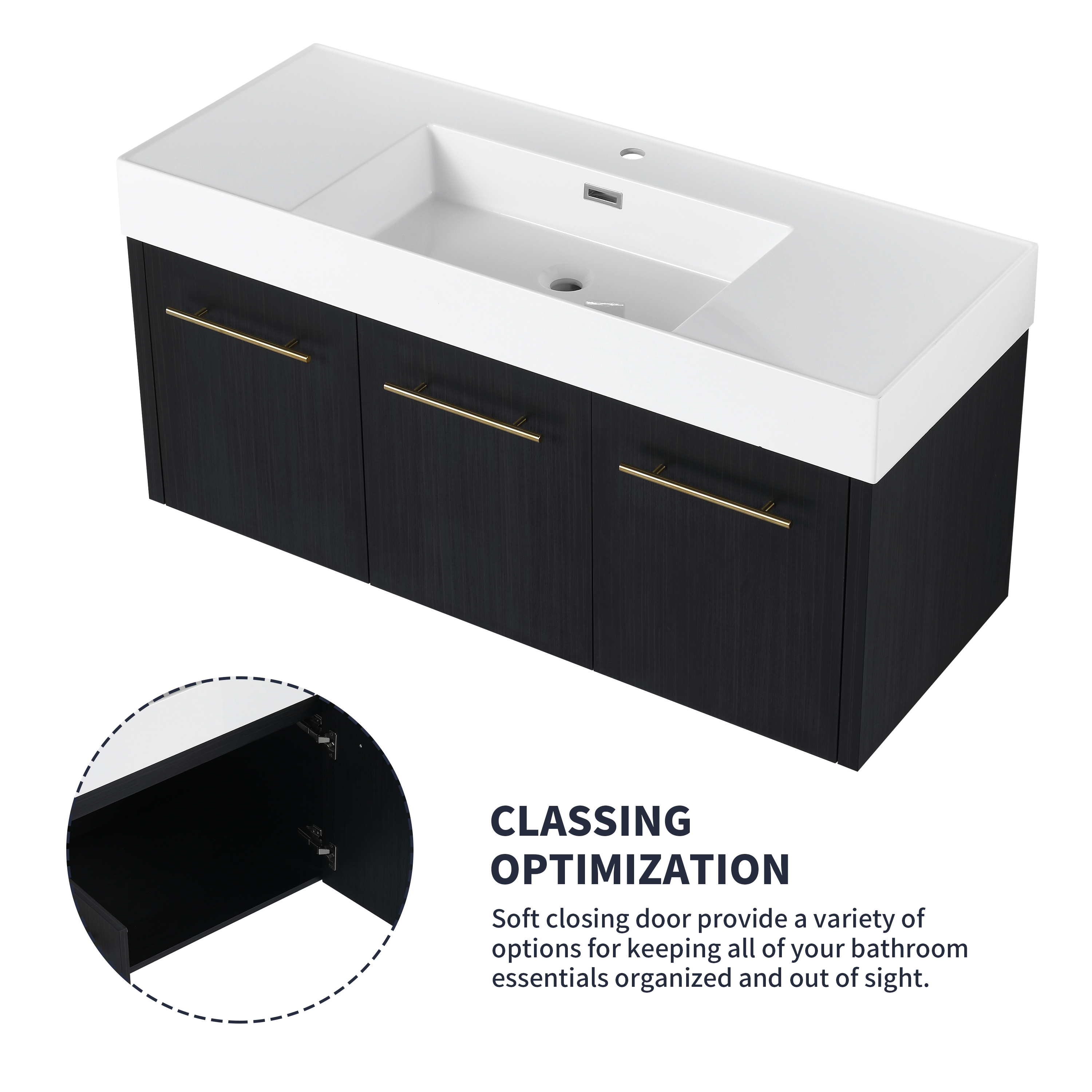 48 Inch Wall-Mounted Bathroom Vanity with Sink, Thick Edged Resin Basin, KD-Package