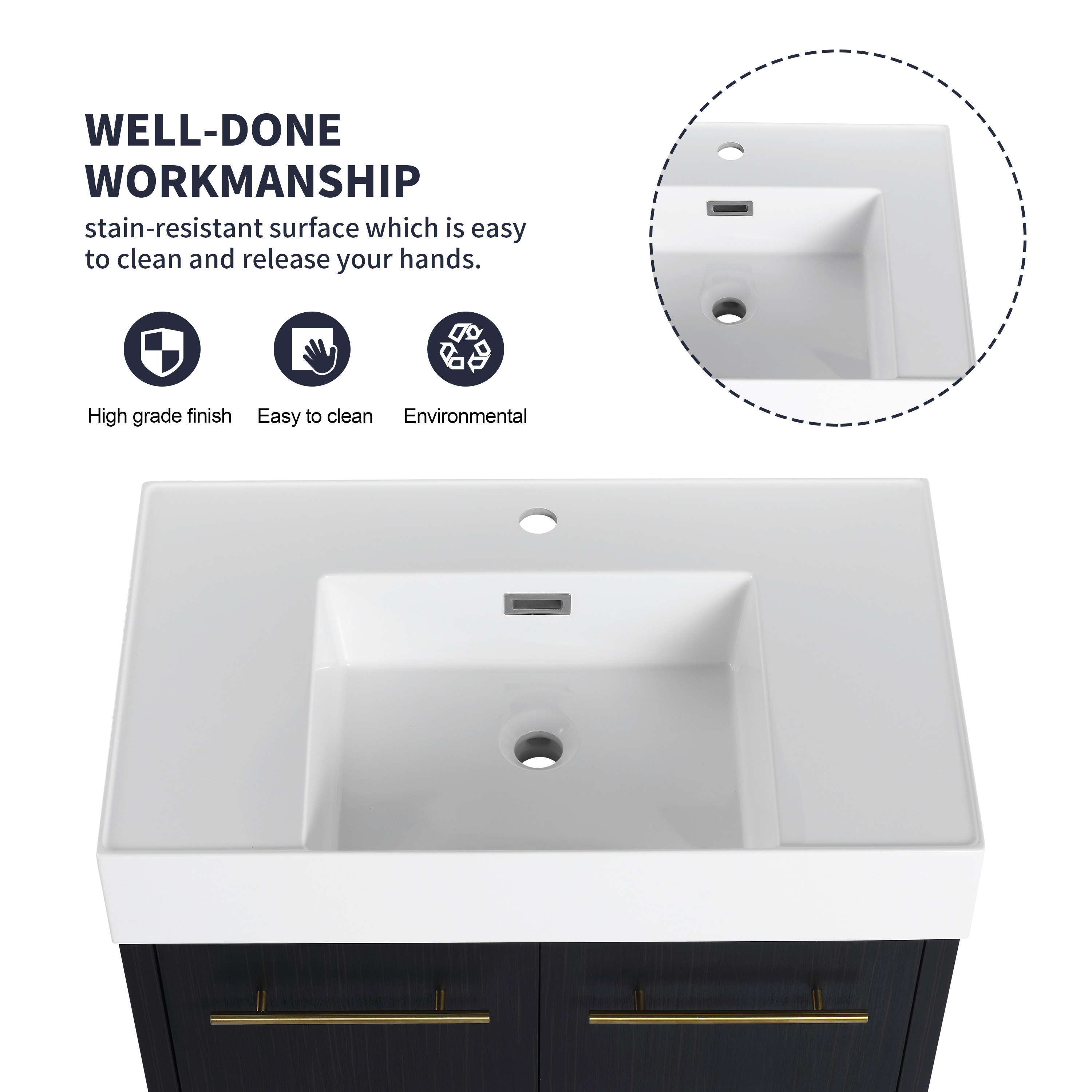 30 Inch Wall-Mounted Bathroom Vanity with Sink, Thick Edged Resin Basin, KD-Package