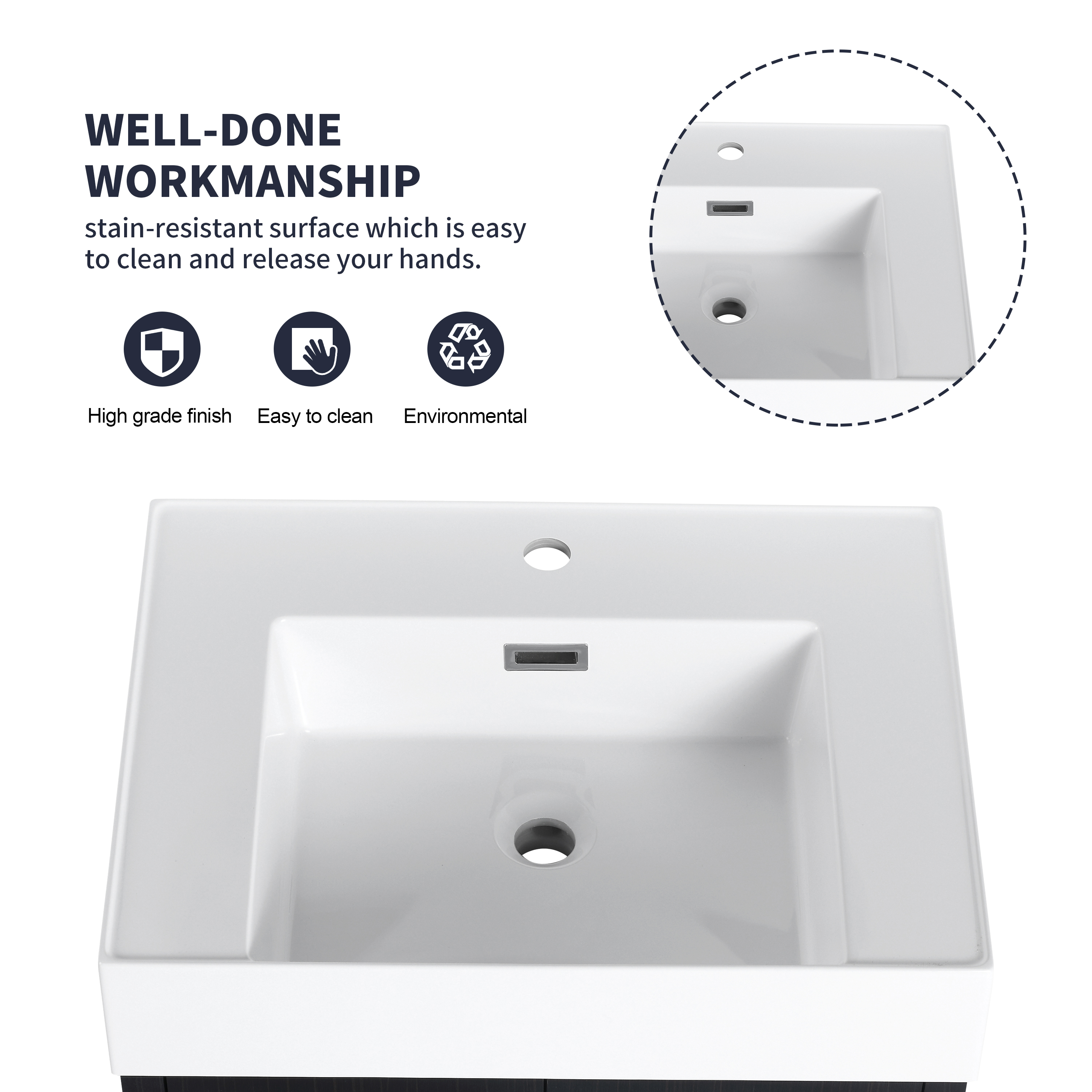 24 Inch Wall-Mounted Bathroom Vanity with Sink, Thick Edged Resin Basin, KD-Package