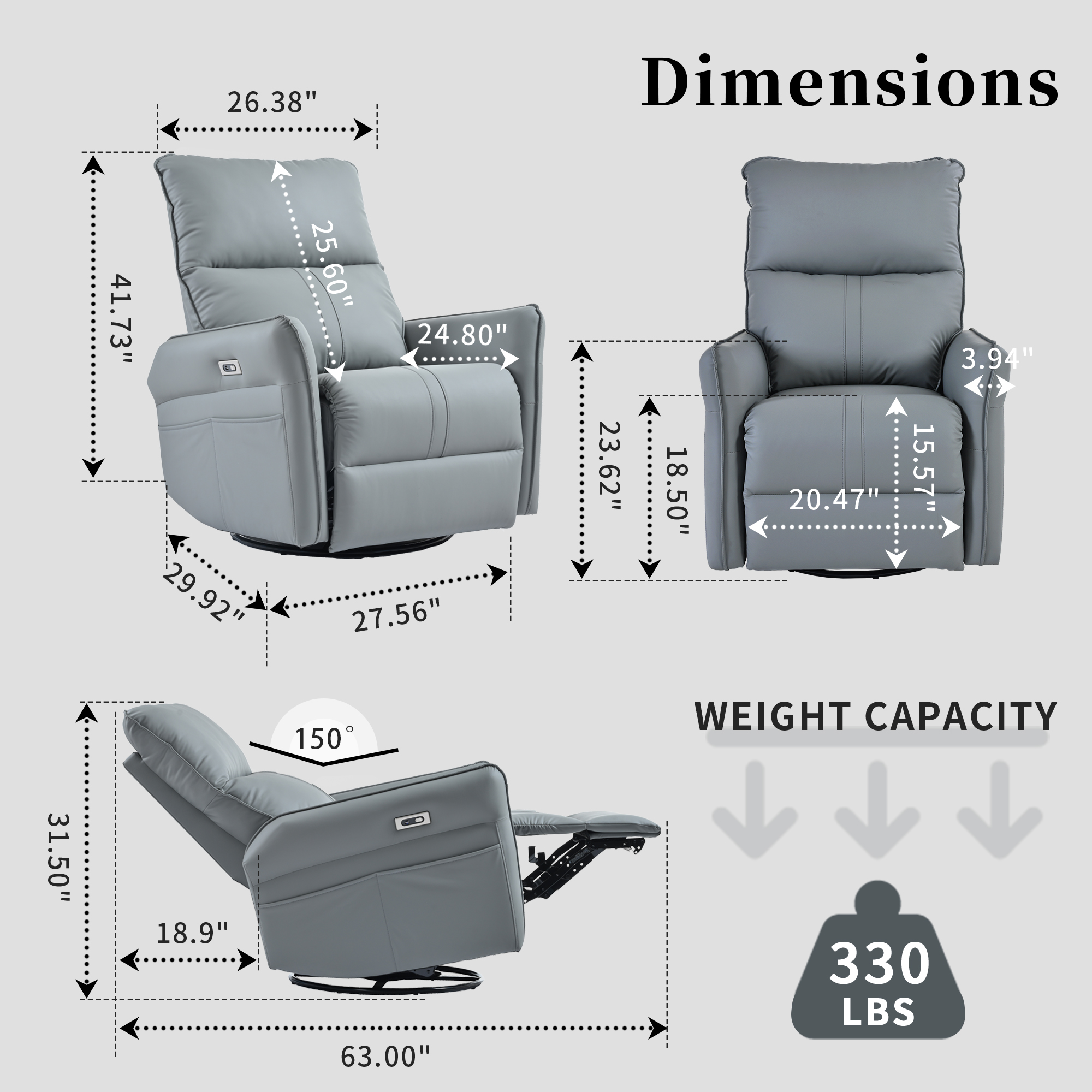 Power Swivel Rocker Recliner Chair for Adults, 270° Swivel Rocking Recliner Chair,Electric Small Recliners for Small Spaces, Single Sofa Recliner for Living Room, Bedroom,RV (Blue-gray)