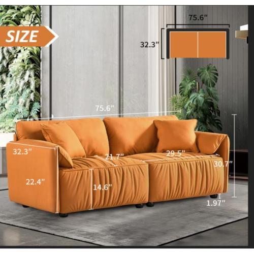 Modern Sofa loveseat, 75.6" Tech Cloth Sofa Couch, Large deep seat Sofa, loveseat with Hardwood Frame, mid-Century upholstered Sofa for Living Room, Bedroom, Apartment (Orange)-2